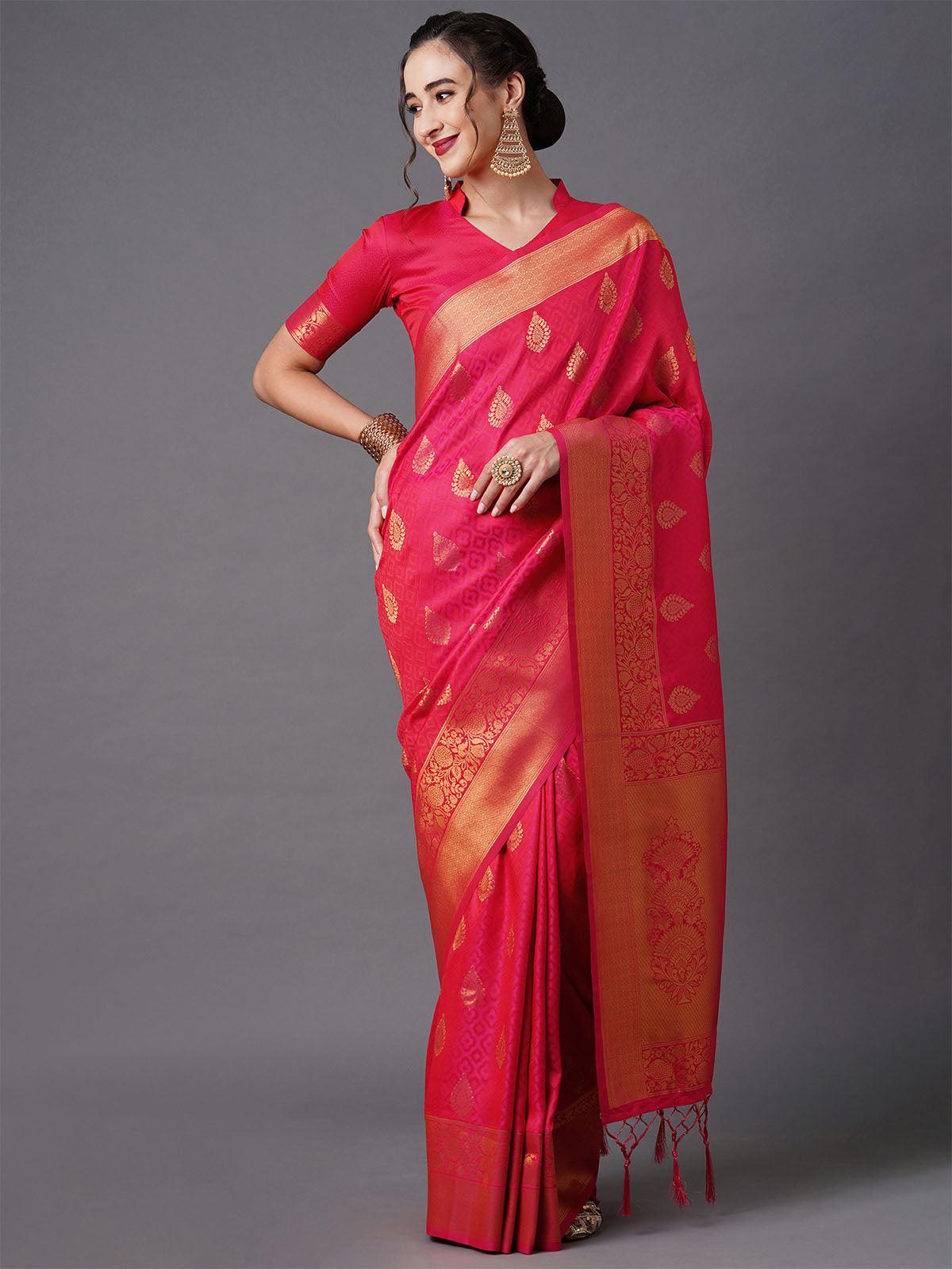 Women's Pink Festive Silk Blend Woven Design Saree With Unstitched Blouse - Odette