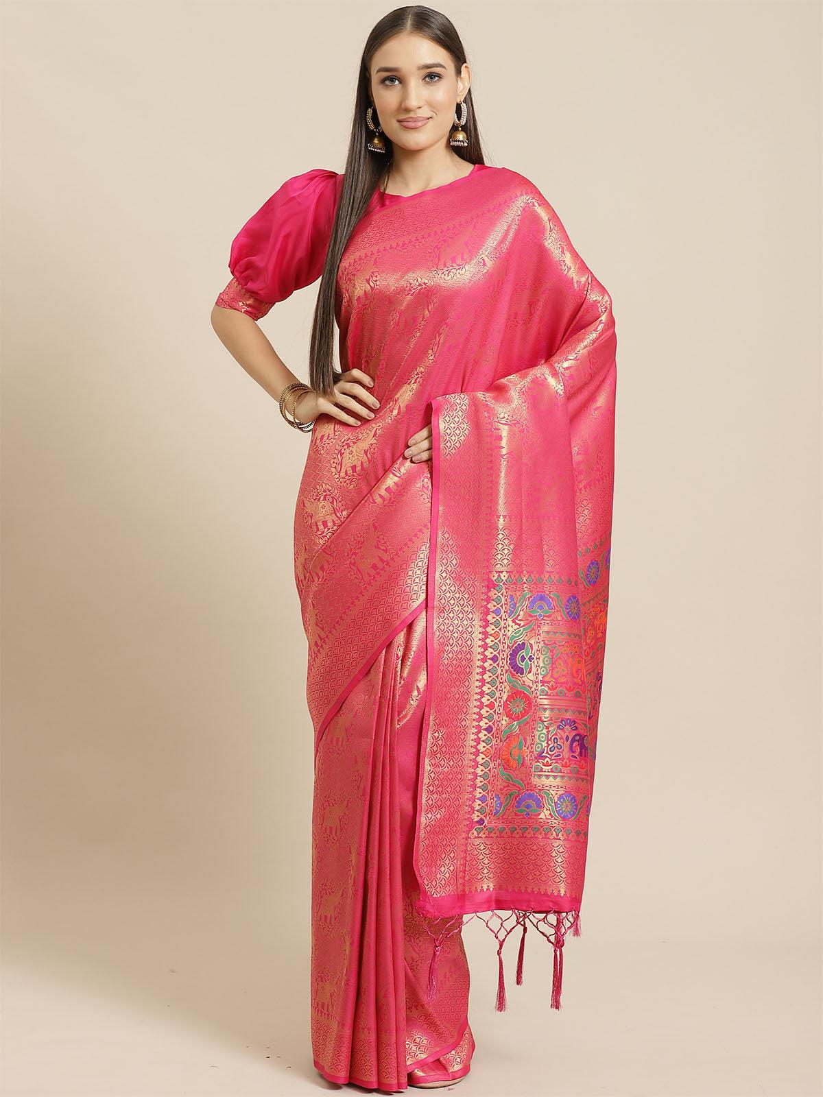 Women's Pink Festive Silk Blend Woven Saree With Unstitched Blouse - Odette