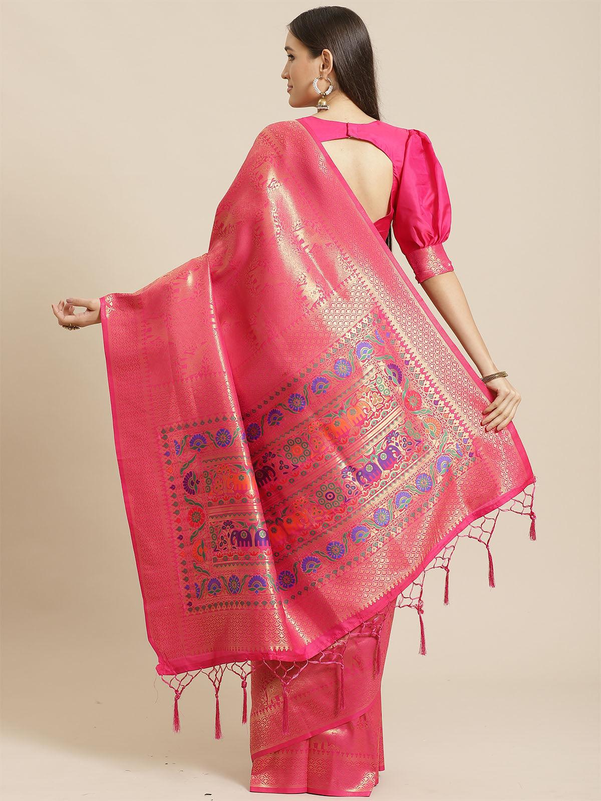 Women's Pink Festive Silk Blend Woven Saree With Unstitched Blouse - Odette