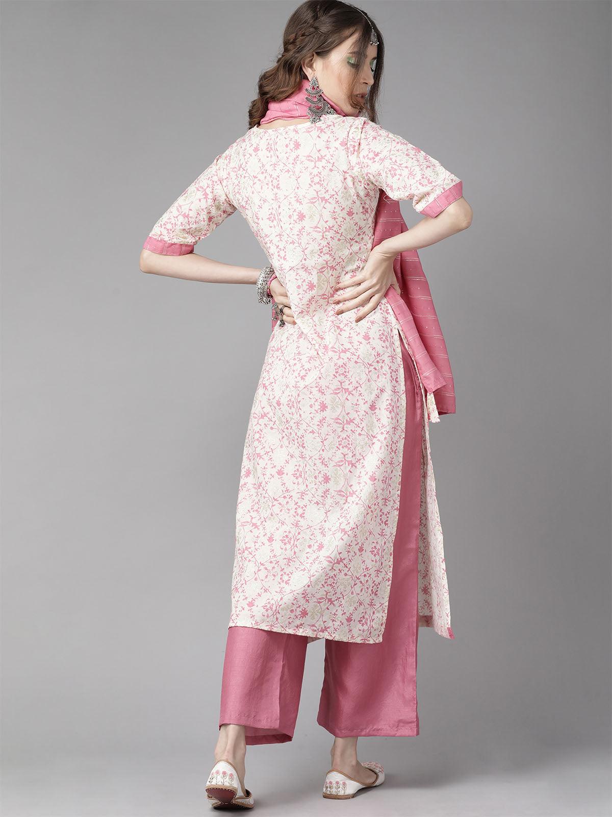 Women's Pink Floral Printed Straight Kurta Palazzo With Dupatta Set - Odette
