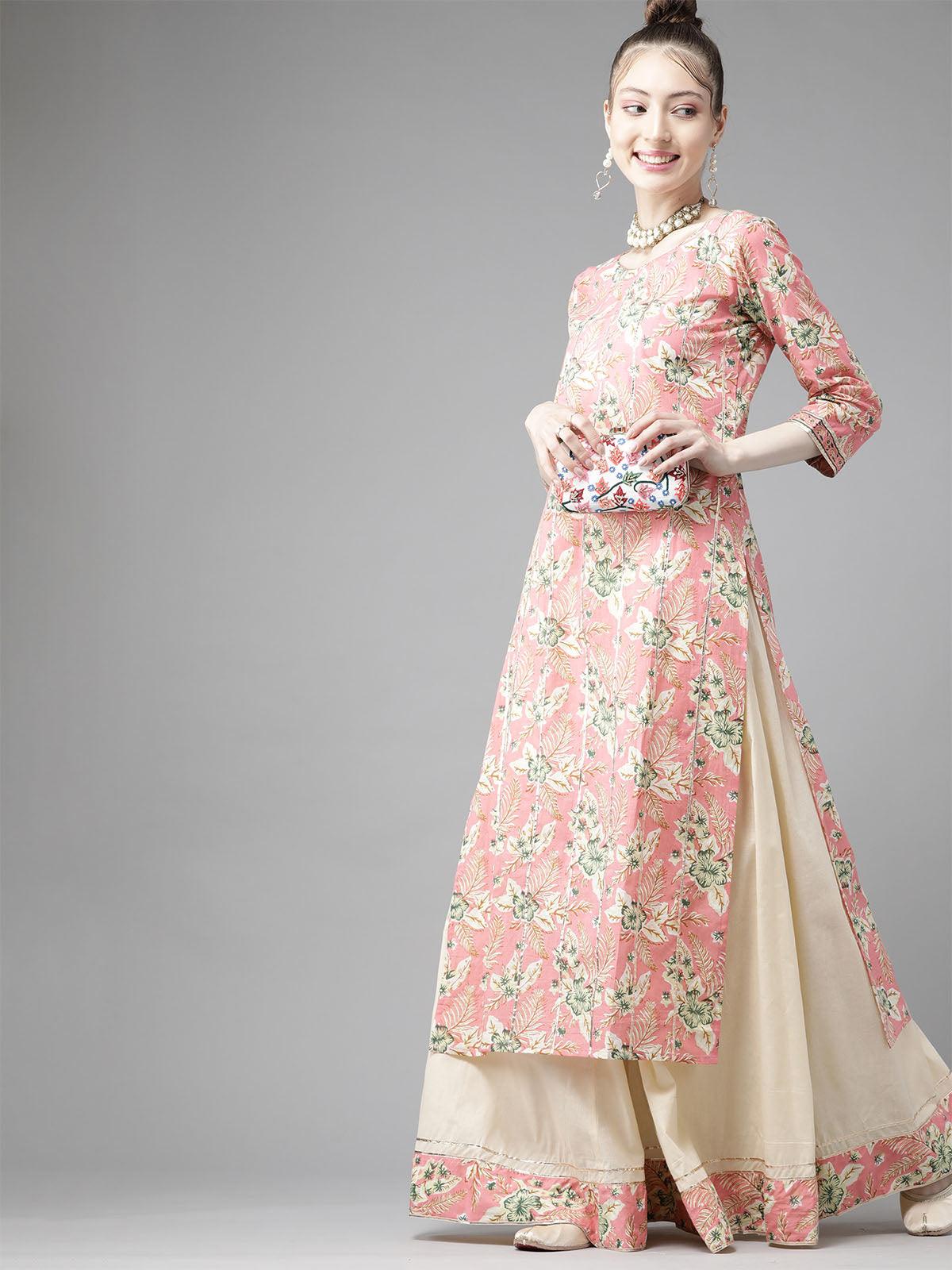 Women's Pink Floral Printed Straight Kurta Skirt With Dupatta Set - Odette