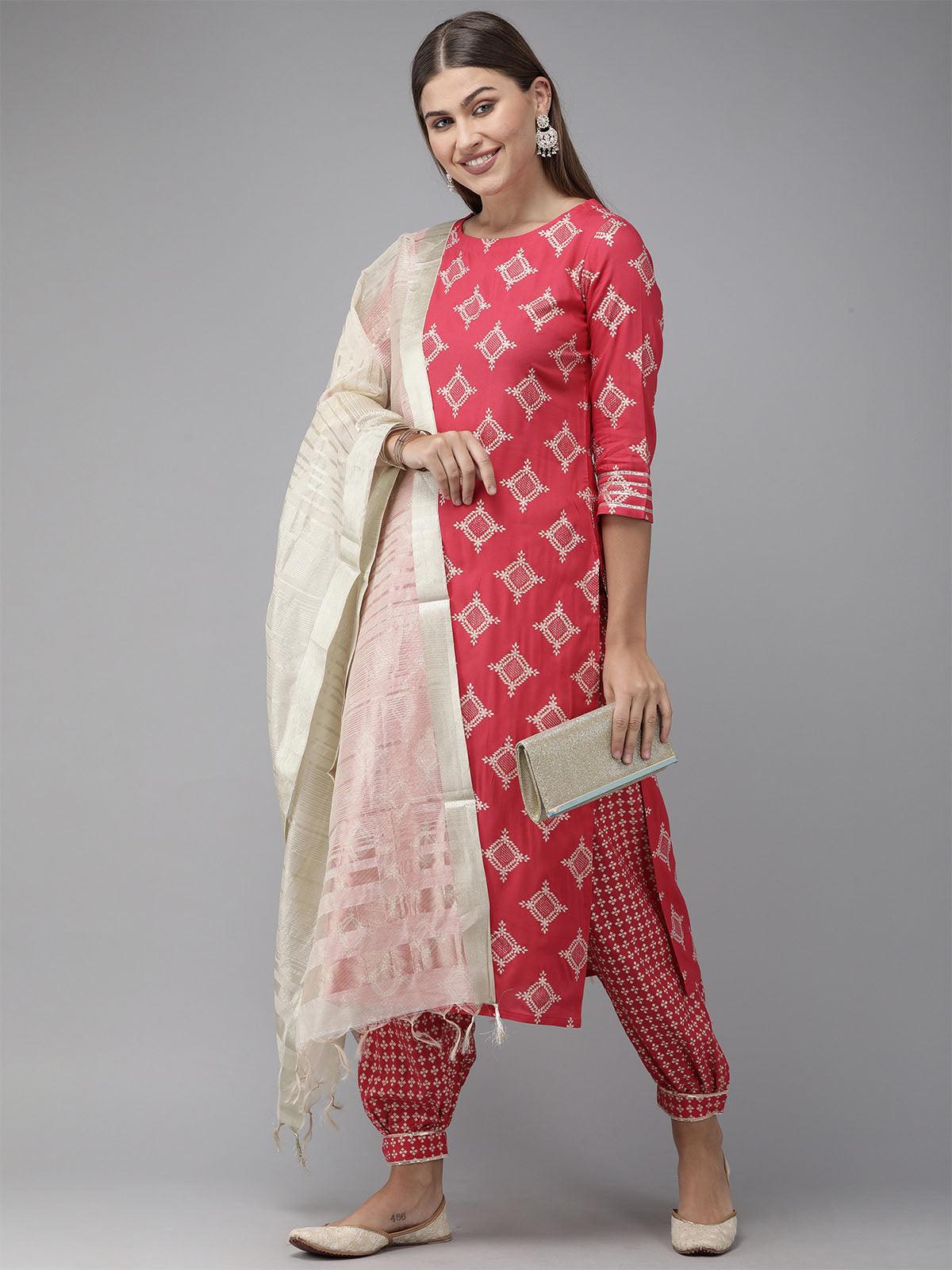 Women's Pink Foil Printed Straight Kurta Salwar Set - Odette