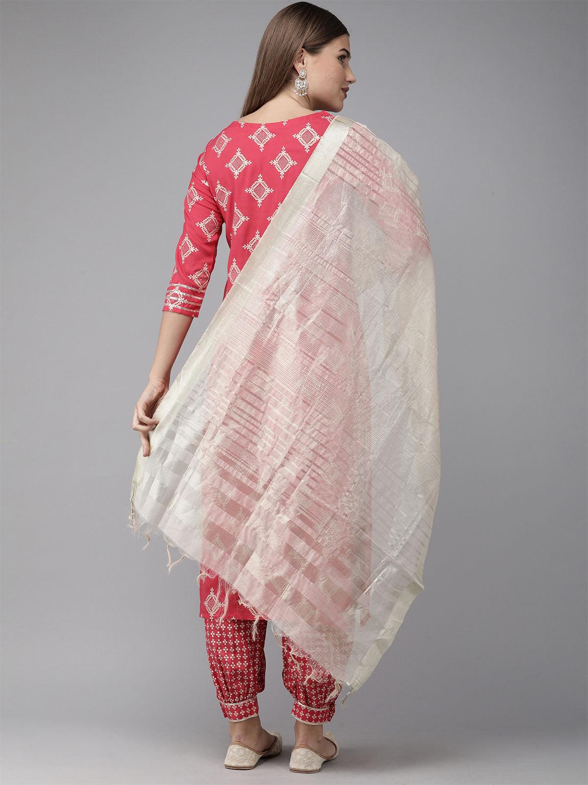 Women's Pink Foil Printed Straight Kurta Salwar Set - Odette
