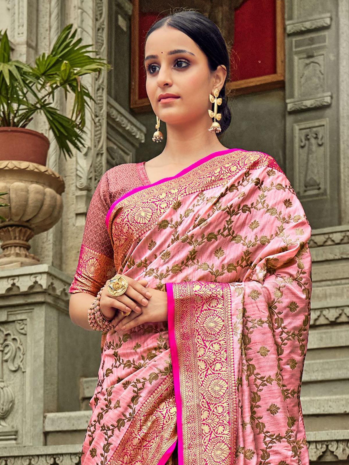 Women's Pink Heavy Woven Banarasi Silk Saree - Odette