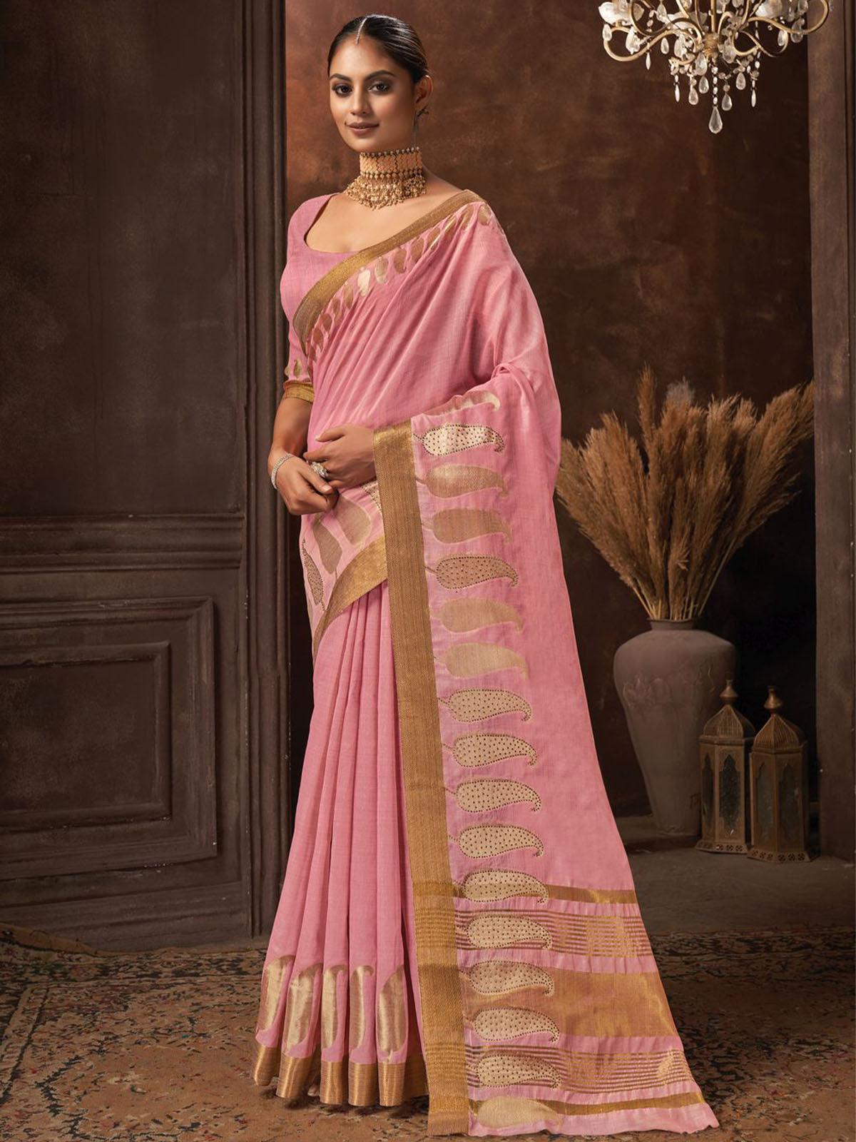 Women's Pink Heavy Woven Cotton Saree - Odette