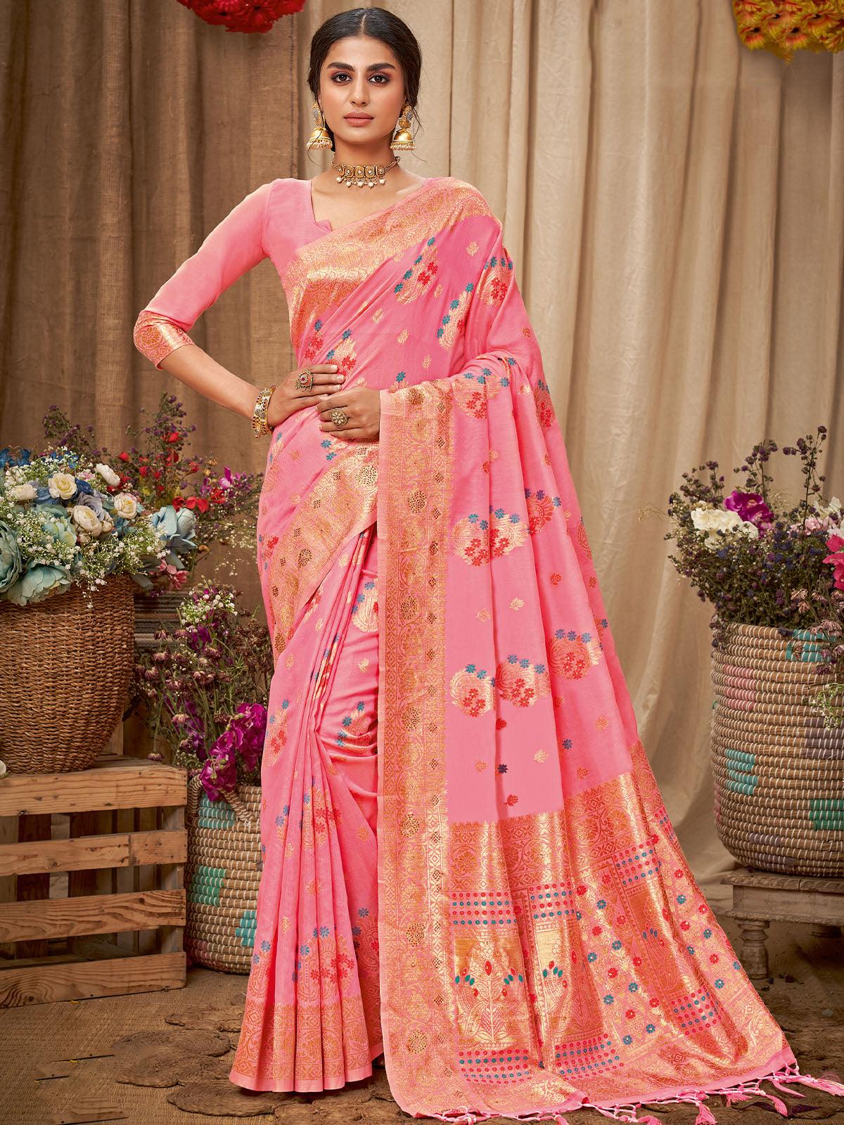 Women's Pink Heavy Zari Woven Cotton Saree - Odette