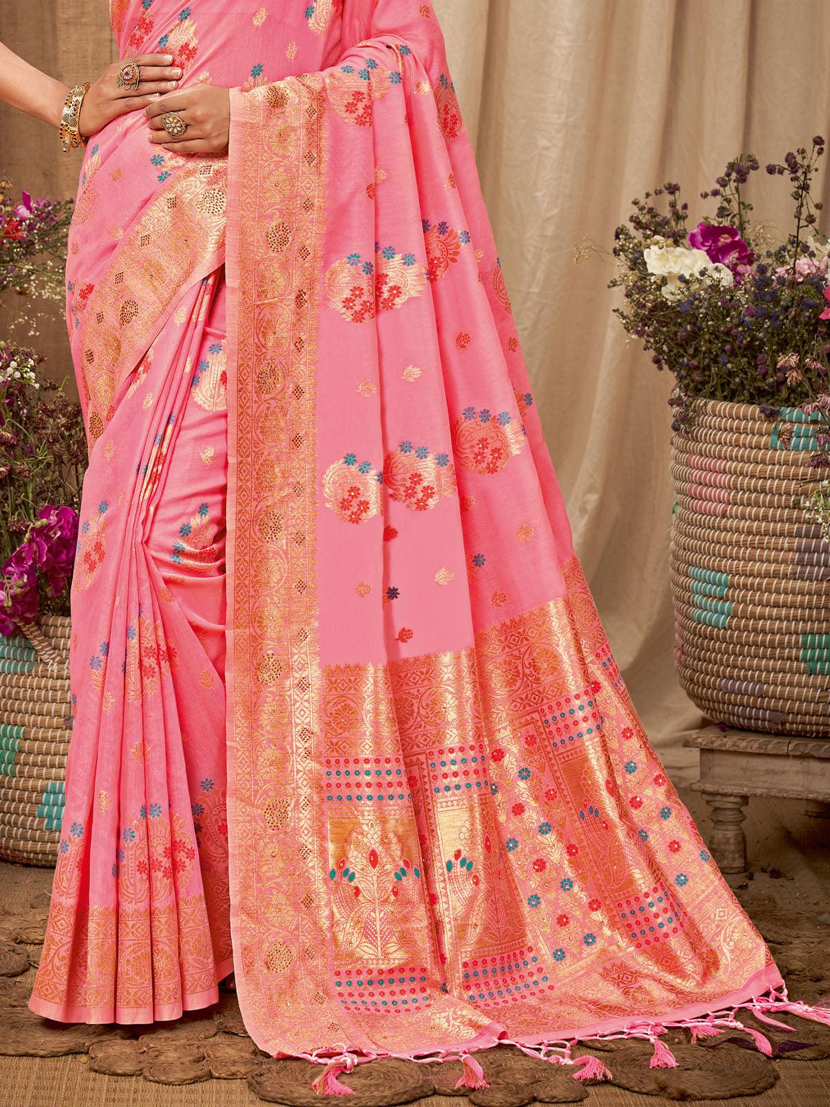 Women's Pink Heavy Zari Woven Cotton Saree - Odette
