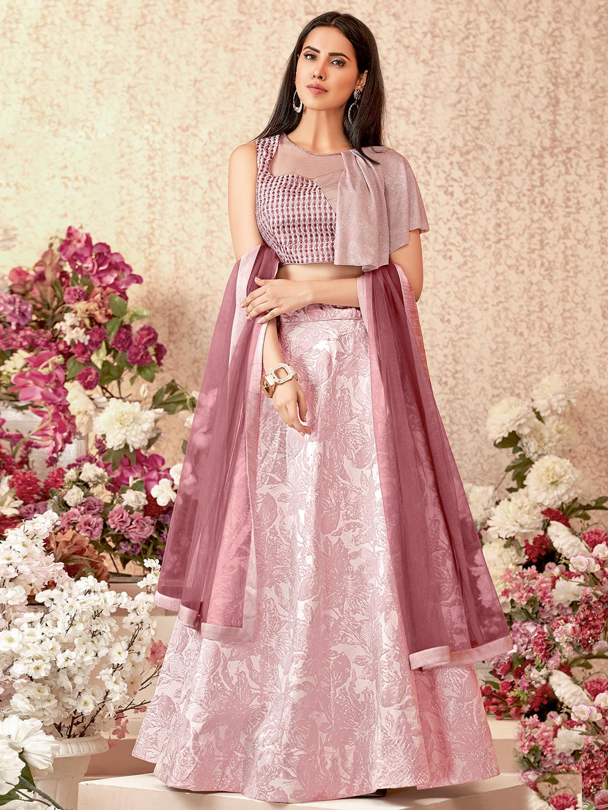 Women's Pink Jacquard Silk Designer Lehenga Choli - Odette