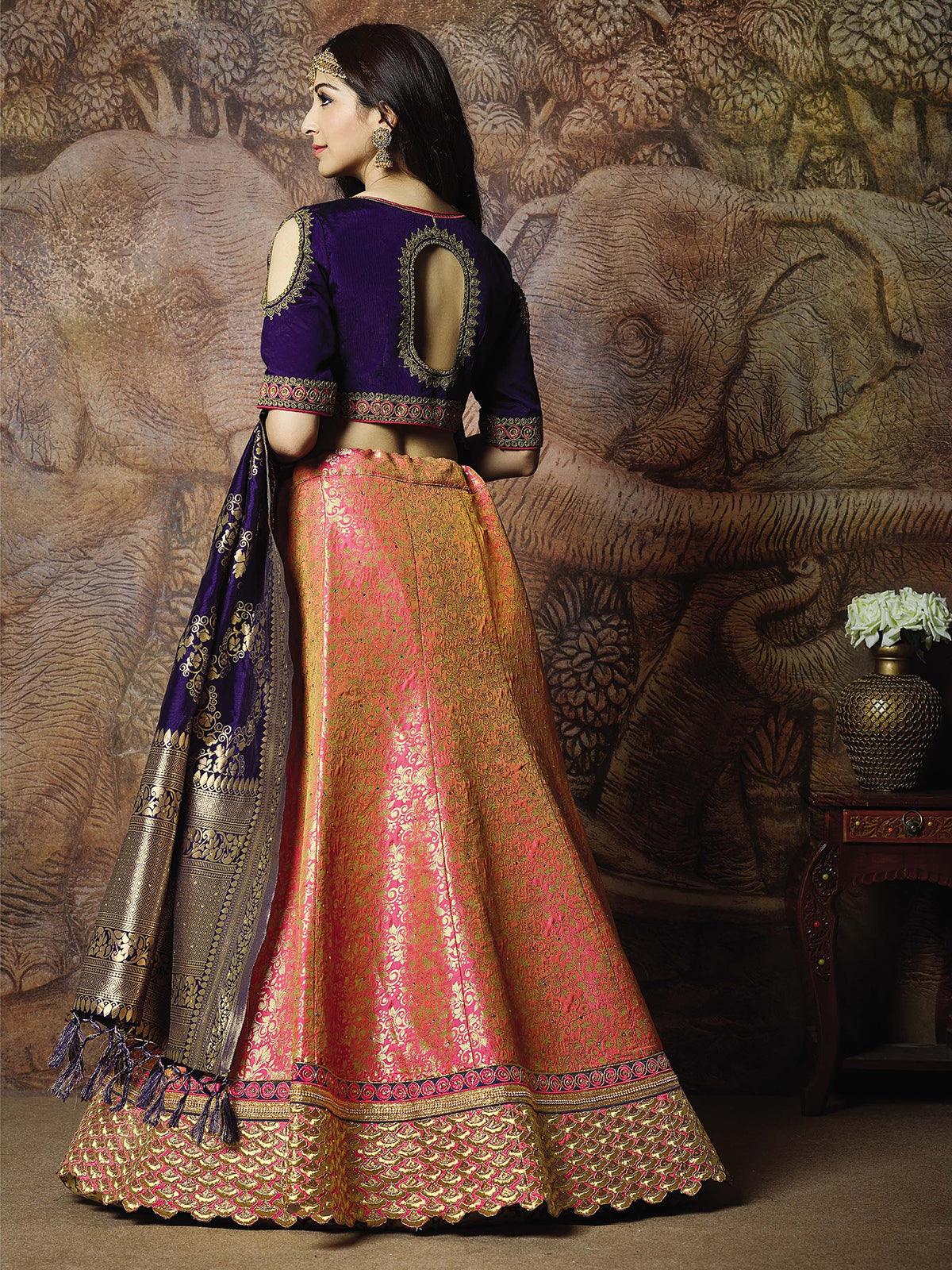Women's Pink Jacquard Weaved Silk Designer Lehenga Choli - Odette