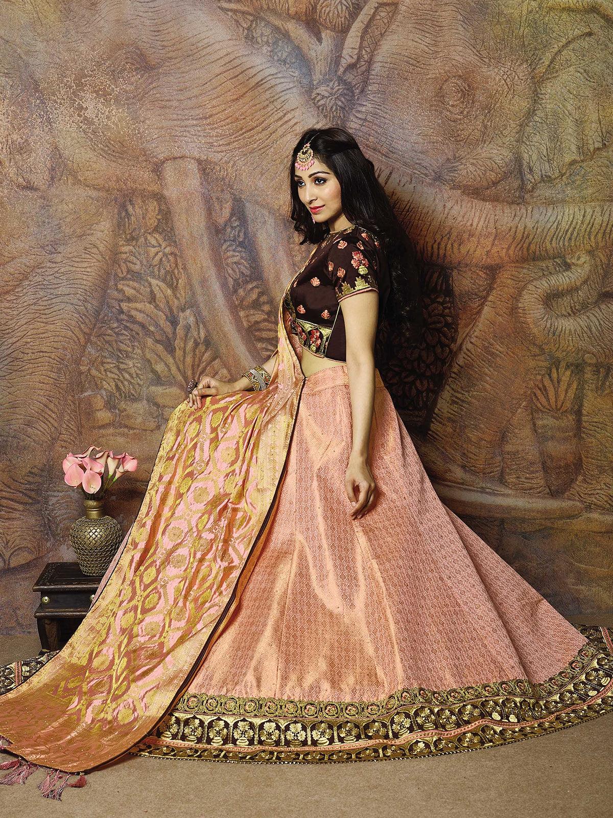 Women's Pink Jacquard Weaved Silk Designer Lehenga Choli - Odette