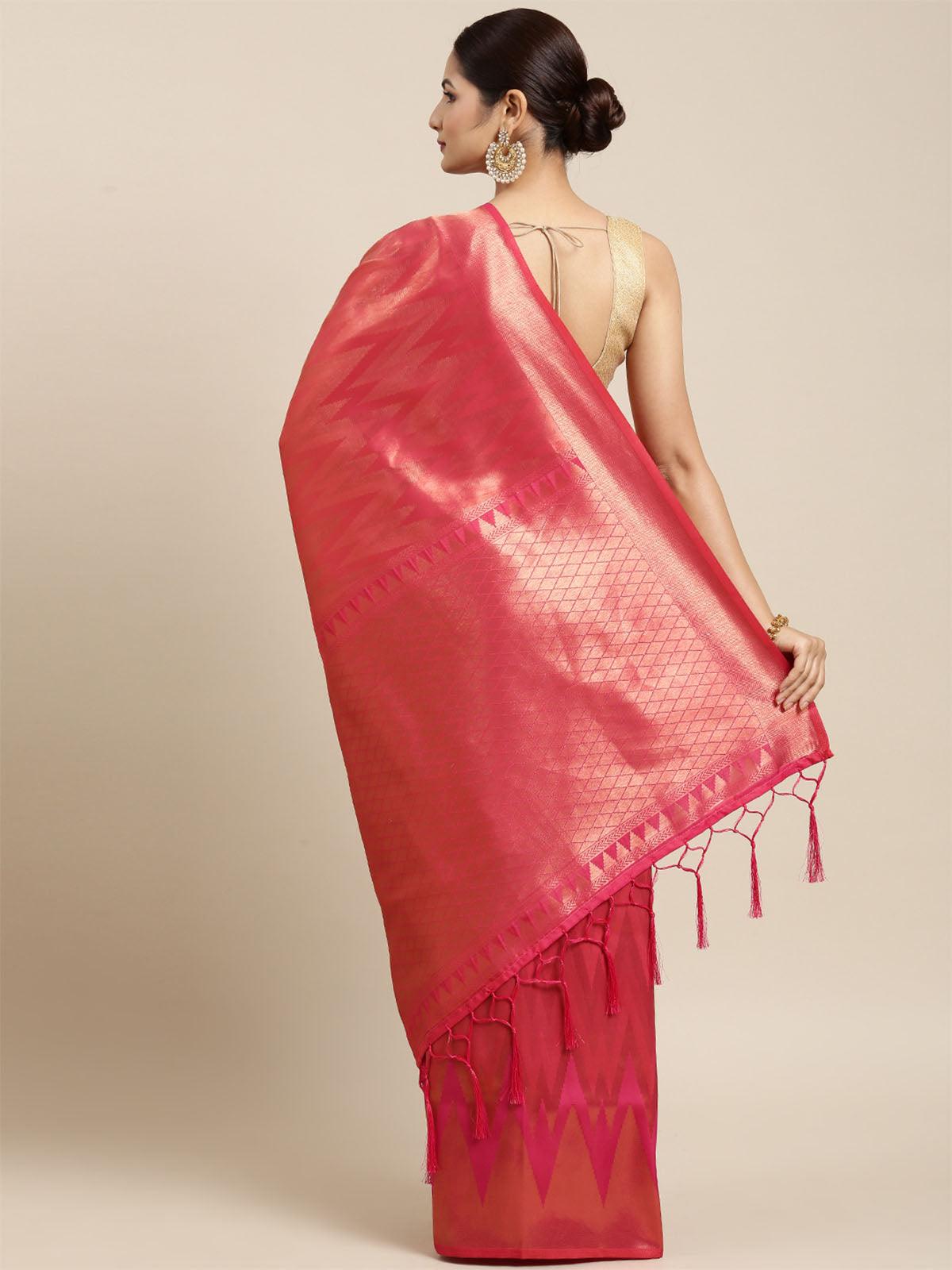 Women's Pink Kanjivaram Silk Banarasi Weaving Silk Saree - Odette