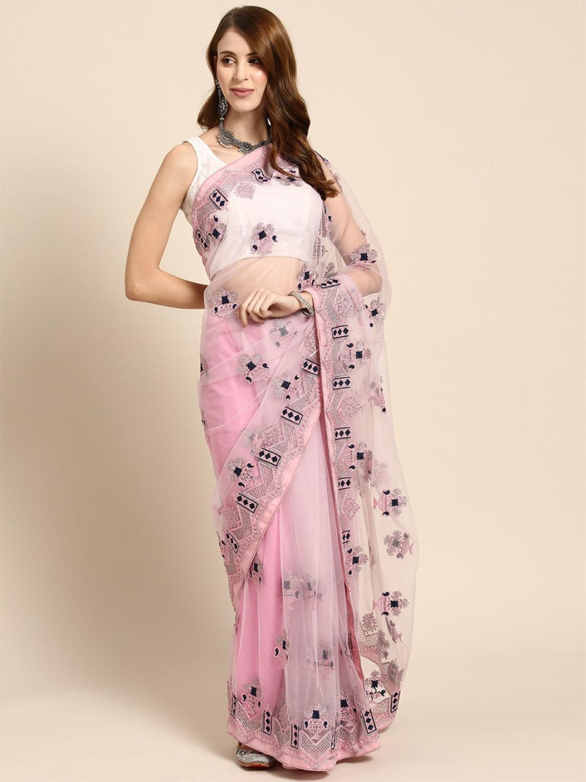 Women's Pink Net Embroidered Saree With Blouse Piece - Odette