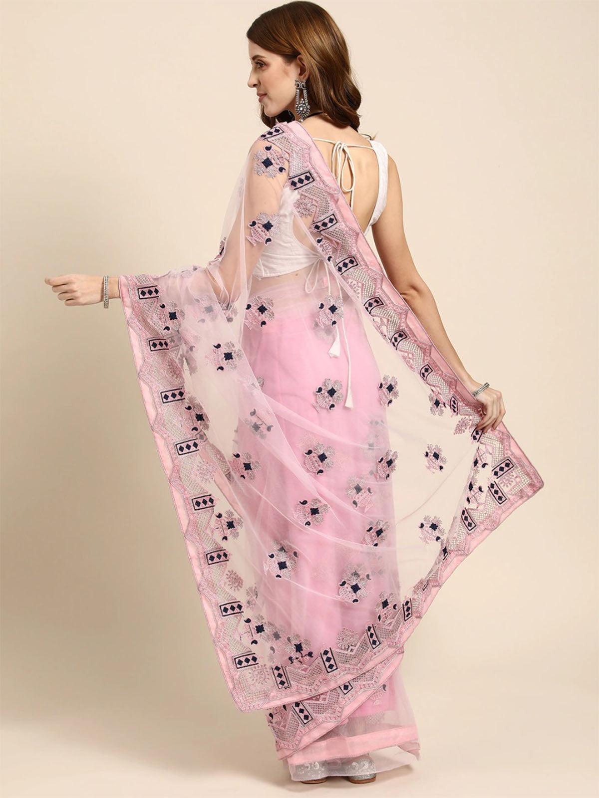 Women's Pink Net Embroidered Saree With Blouse Piece - Odette