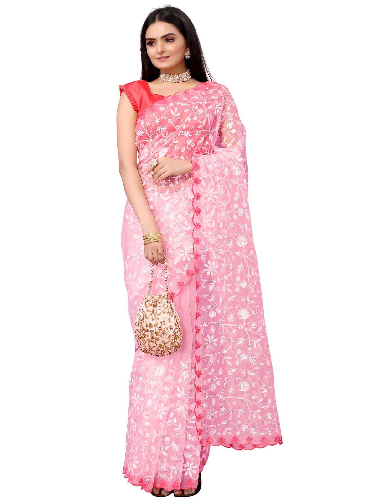 Women's Pink Organza Embroidered Saree With Blouse - Odette