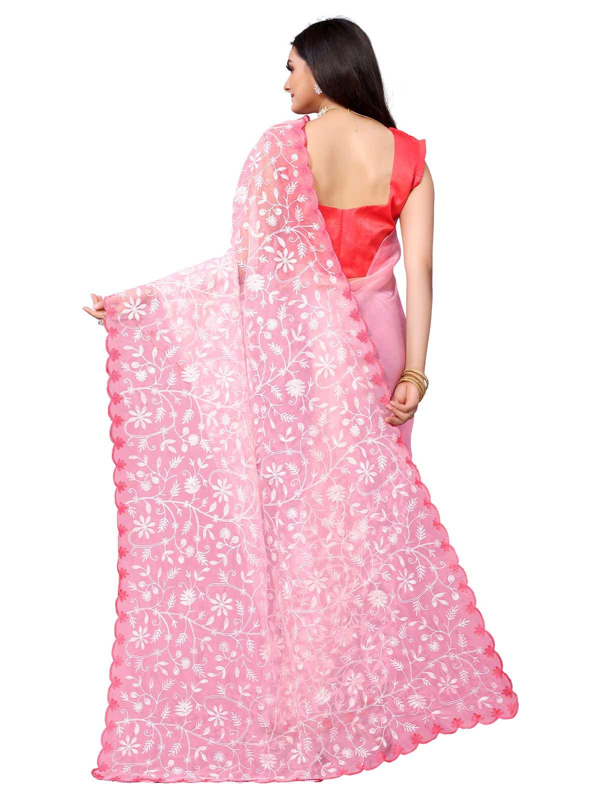 Women's Pink Organza Embroidered Saree With Blouse - Odette