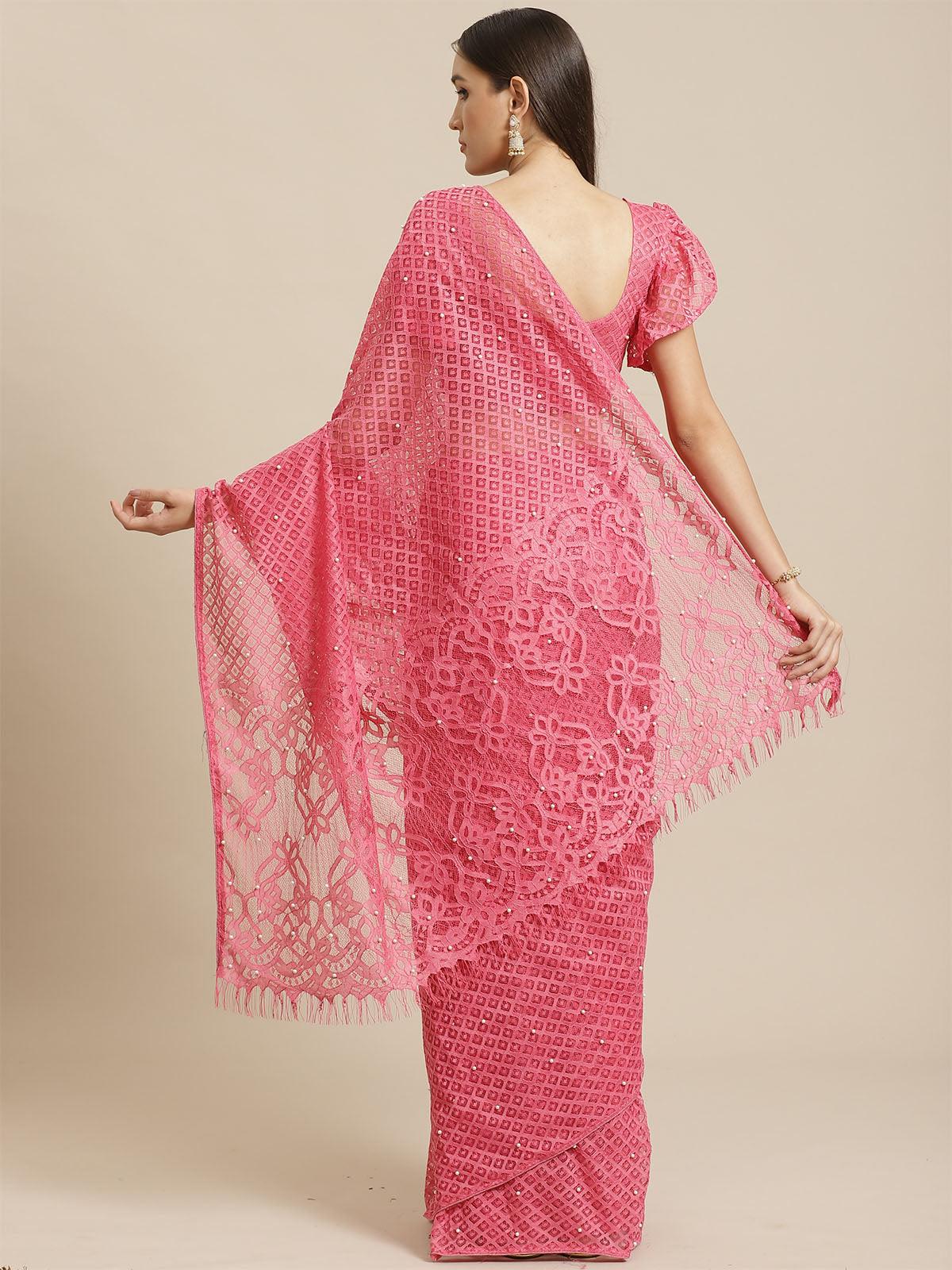 Women's Pink Party Wear Net(Super Net) Solid Saree With Unstitched Blouse - Odette