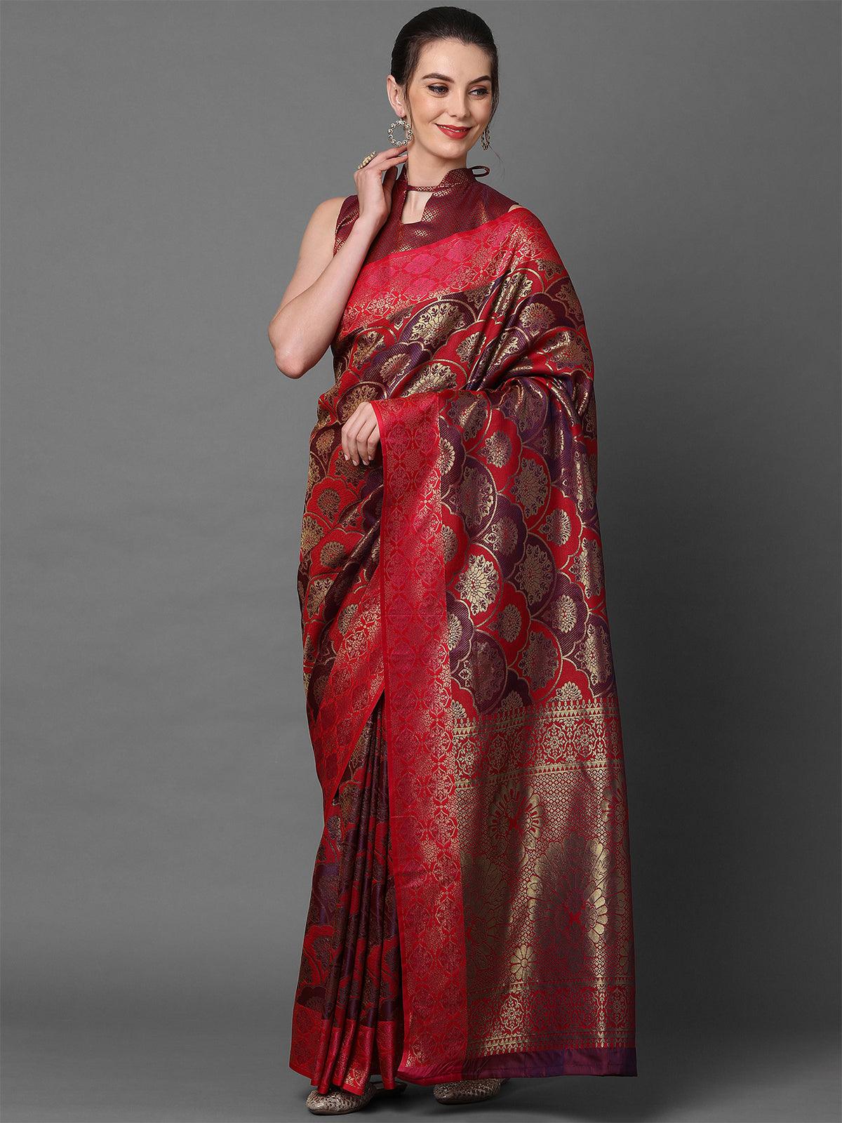 Women's Pink Party Wear Pure Satin Woven Design Saree With Unstitched Blouse - Odette