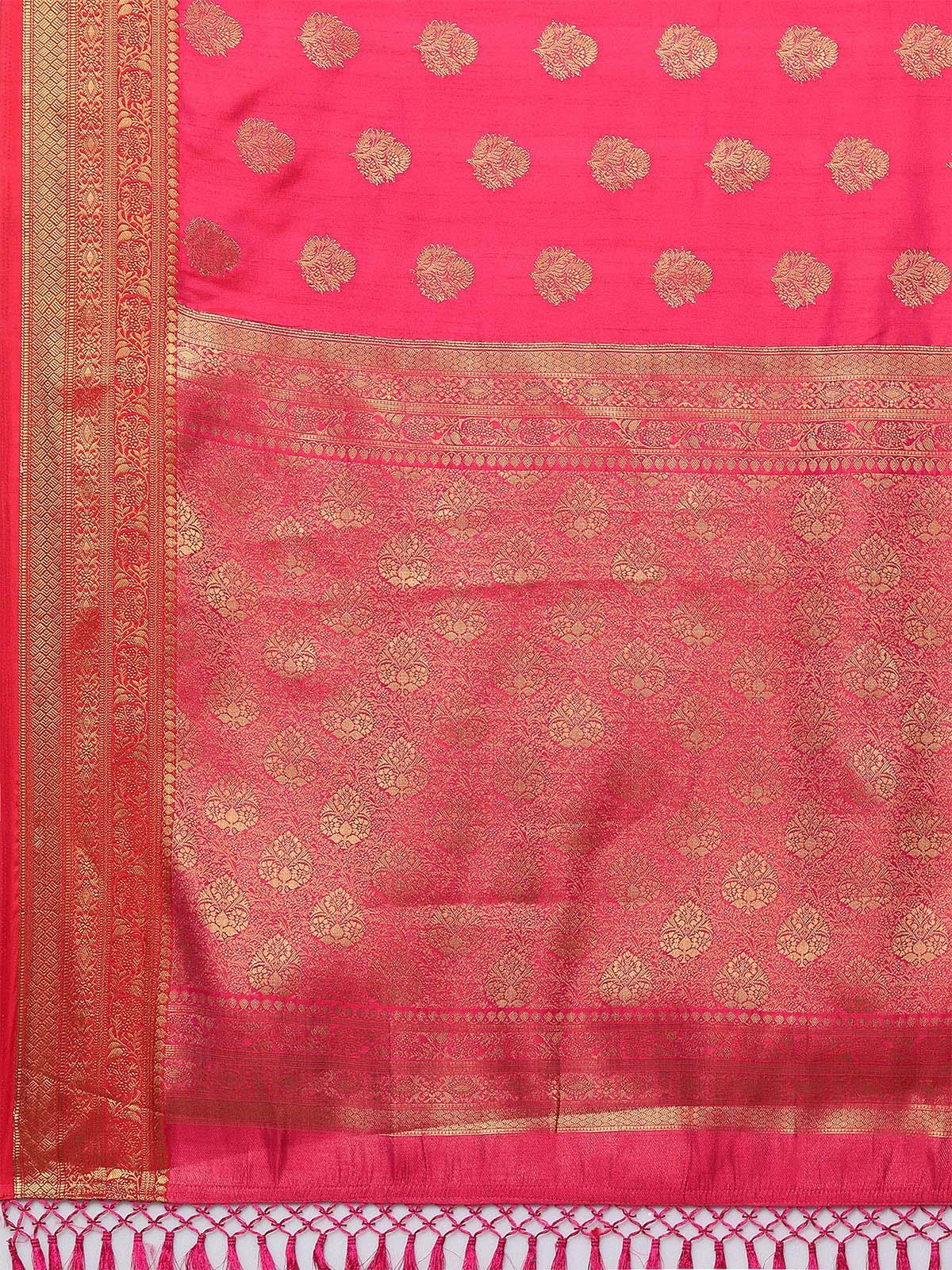 Women's Pink Party Wear Silk Blend Woven Design Saree With Unstitched Blouse - Odette