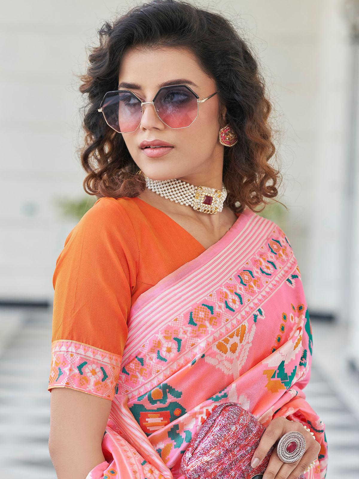 Women's Pink Patola Silk Heavy Wevon Patola Designer Saree - Odette