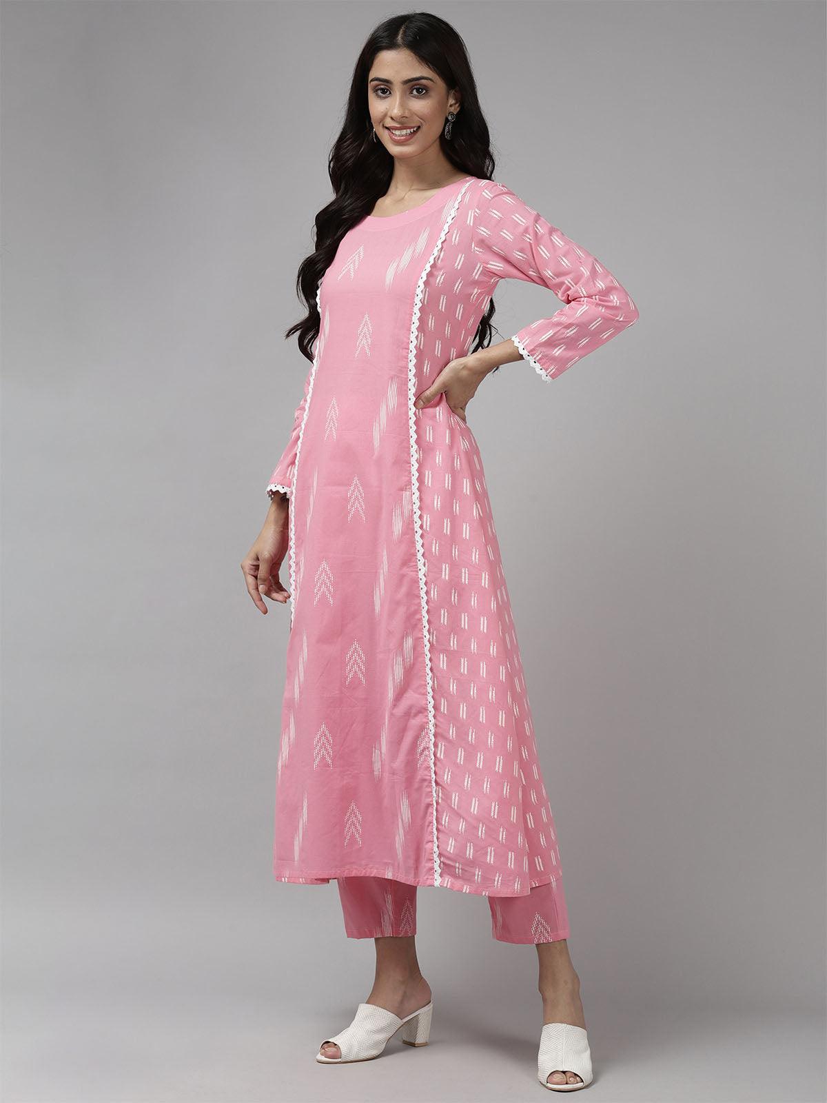 Women's Pink Printed A-Line Kurta Trouser With Dupatta Set - Odette