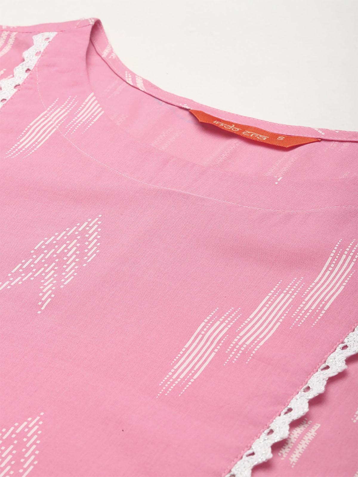 Women's Pink Printed A-Line Kurta Trouser With Dupatta Set - Odette