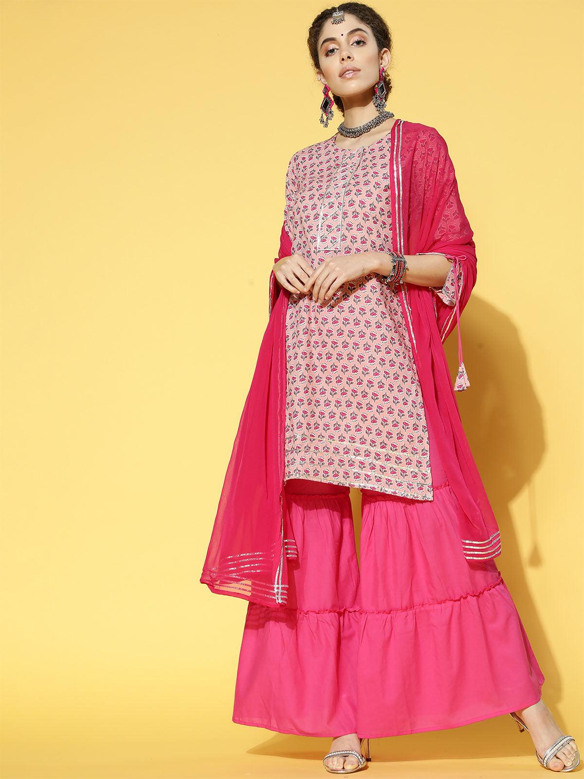 Women's Pink Printed Straight Kurta Sharara With Dupatta Set - Odette