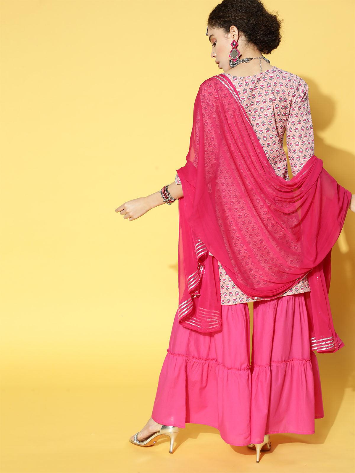 Women's Pink Printed Straight Kurta Sharara With Dupatta Set - Odette