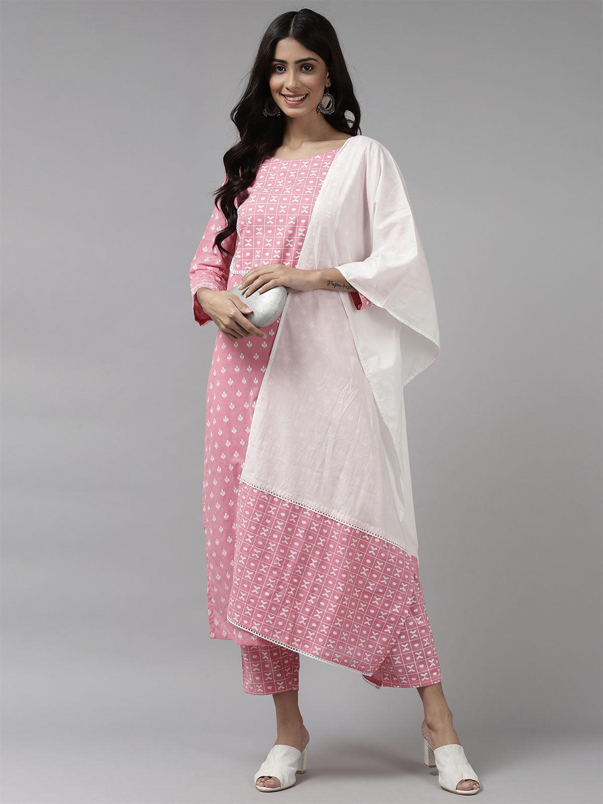 Women's Pink Printed Straight Kurta Trouser With Dupatta Se