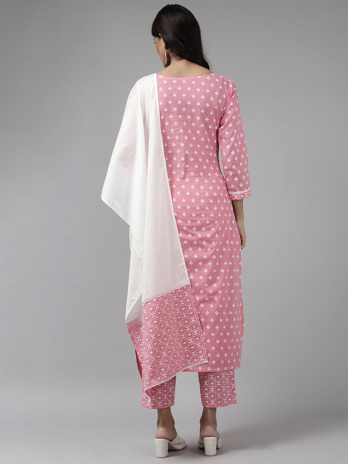 Women's Pink Printed Straight Kurta Trouser With Dupatta Se