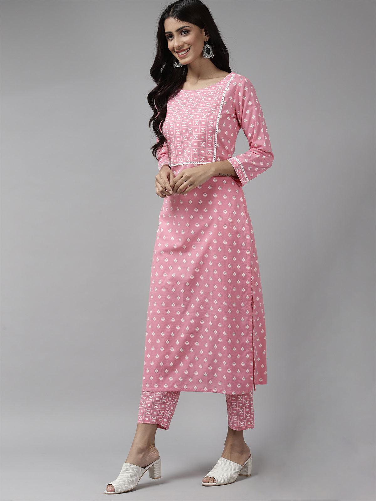Women's Pink Printed Straight Kurta Trouser With Dupatta Se