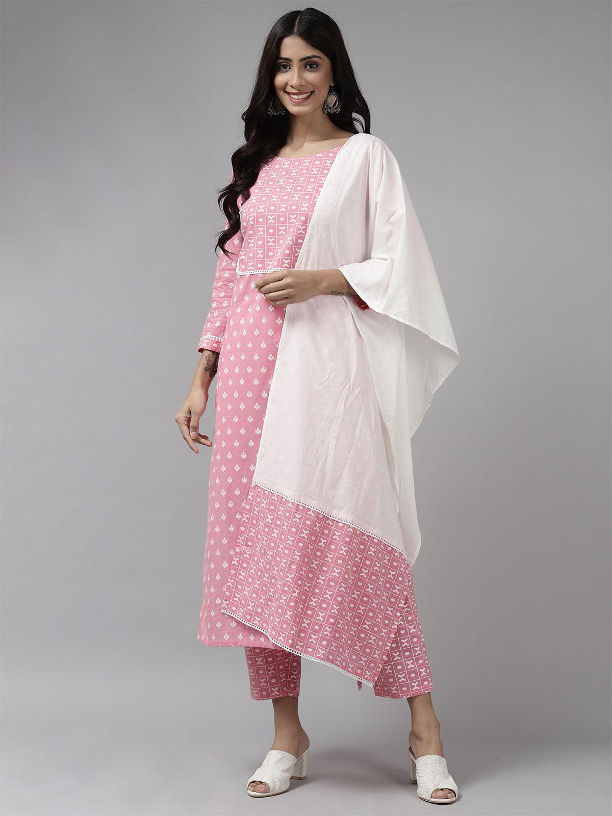 Women's Pink Printed Straight Kurta Trouser With Dupatta Se