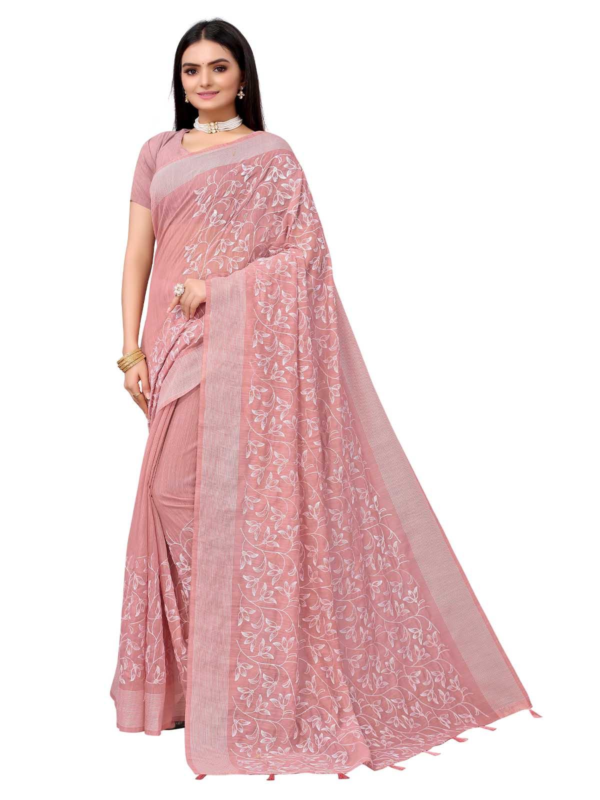 Women's Pink Pure Cotton Embroidered Saree With Blouse - Odette