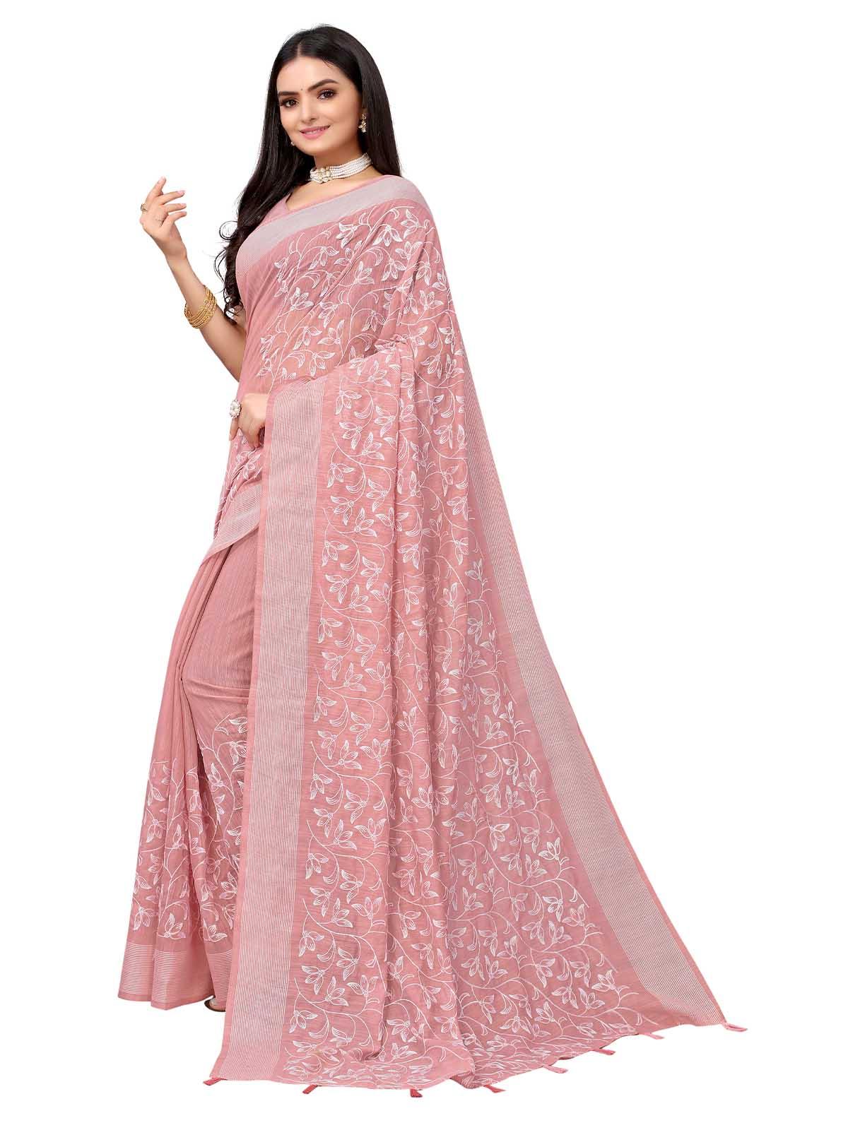Women's Pink Pure Cotton Embroidered Saree With Blouse - Odette