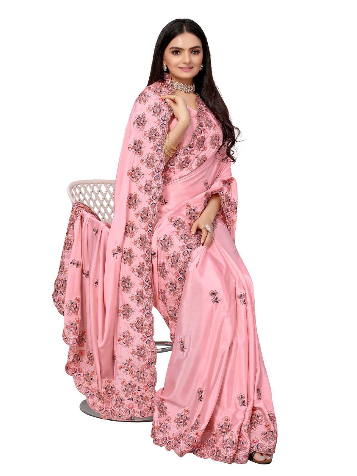 Women's Pink Pure Silk Embroidered Saree With Blouse - Odette