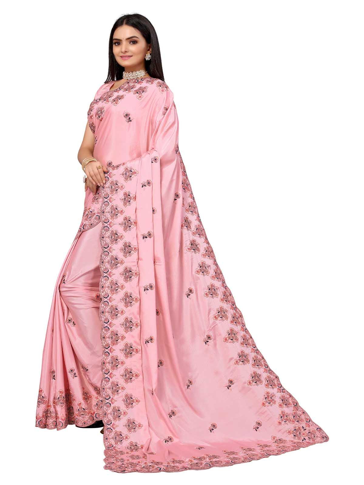 Women's Pink Pure Silk Embroidered Saree With Blouse - Odette