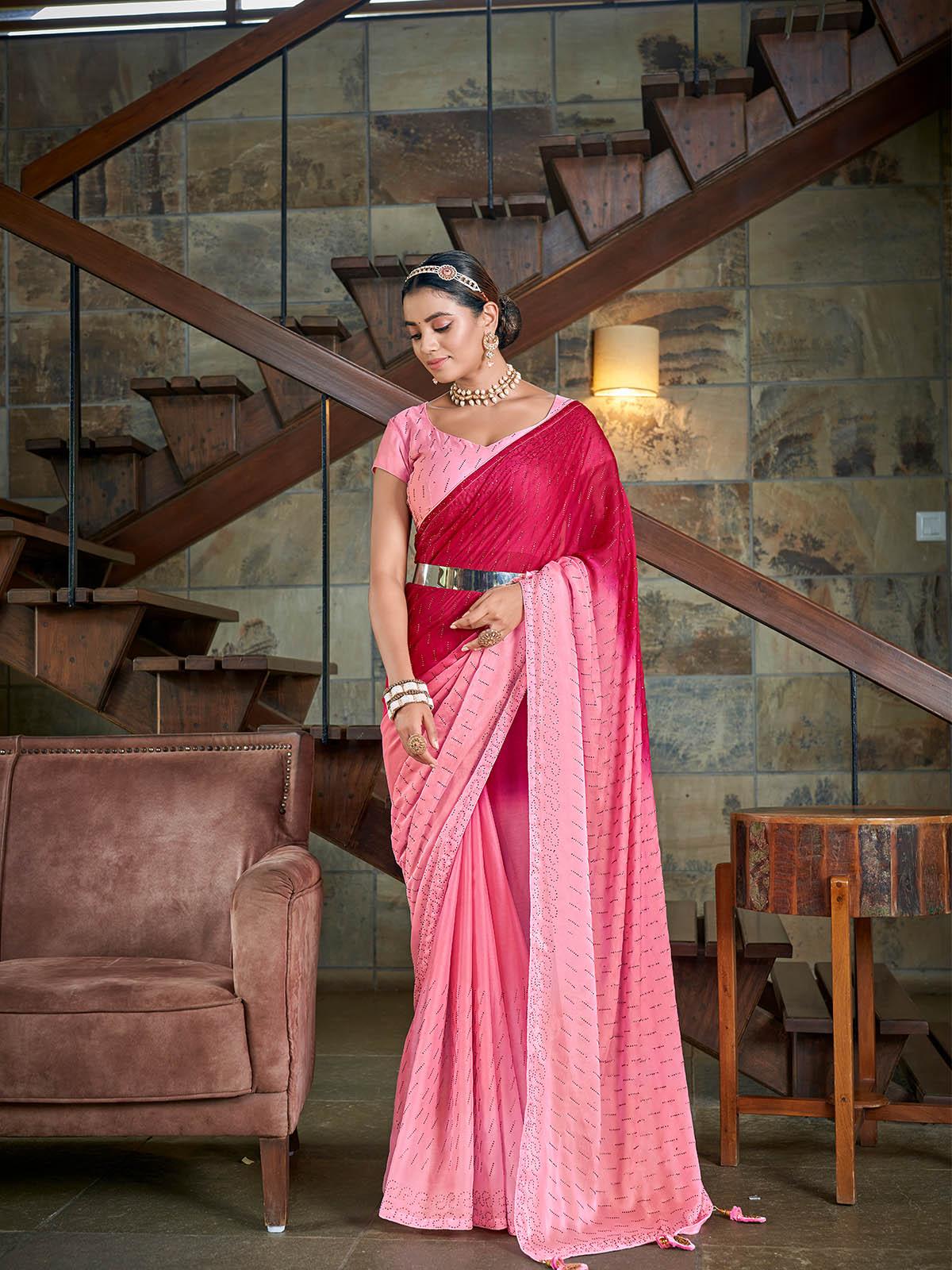 Women's Pink Rangoli Silk Sequin Saree - Odette