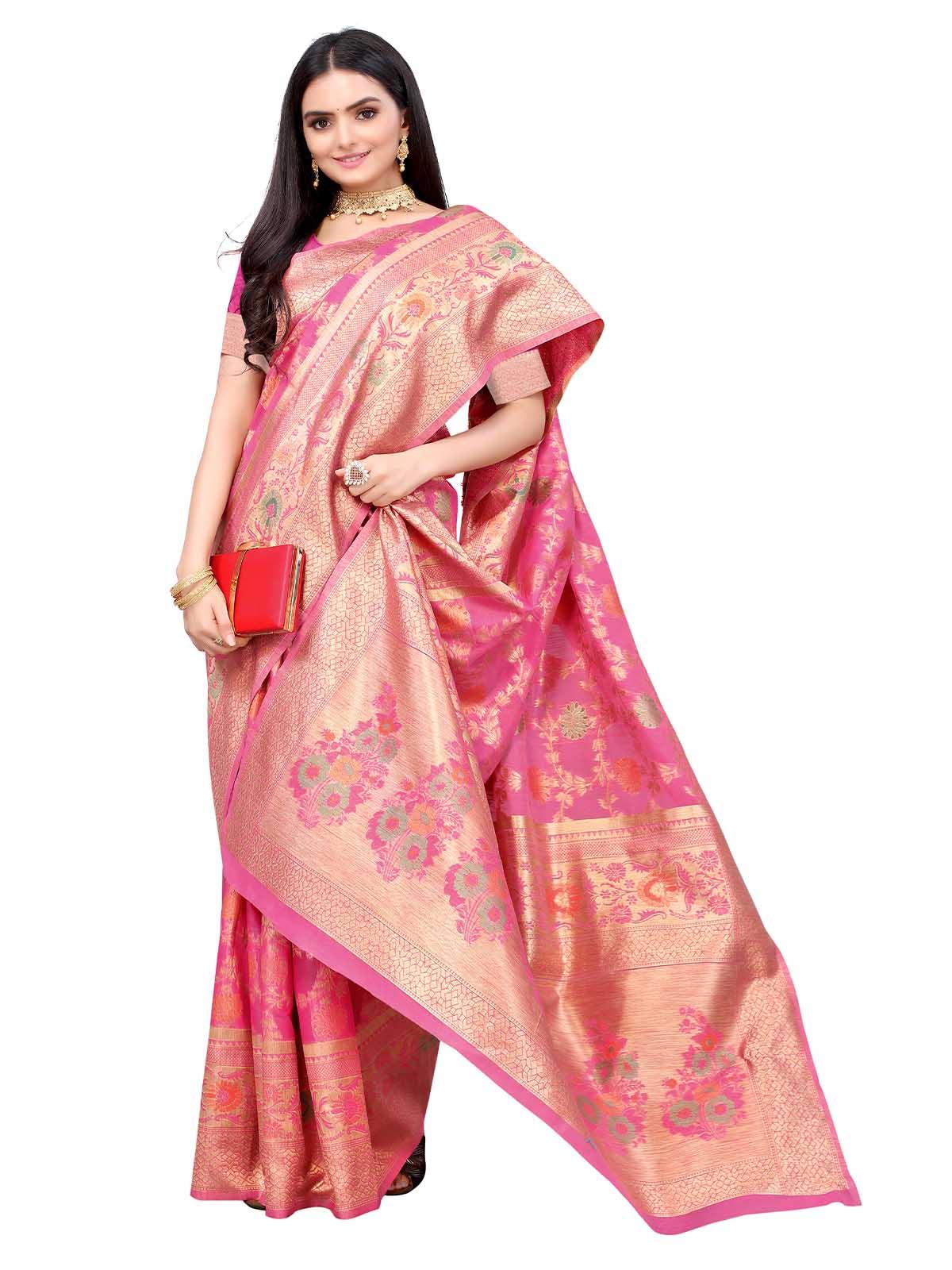 Women's Pink Silk Blend Woven Design Saree With Blouse - Odette