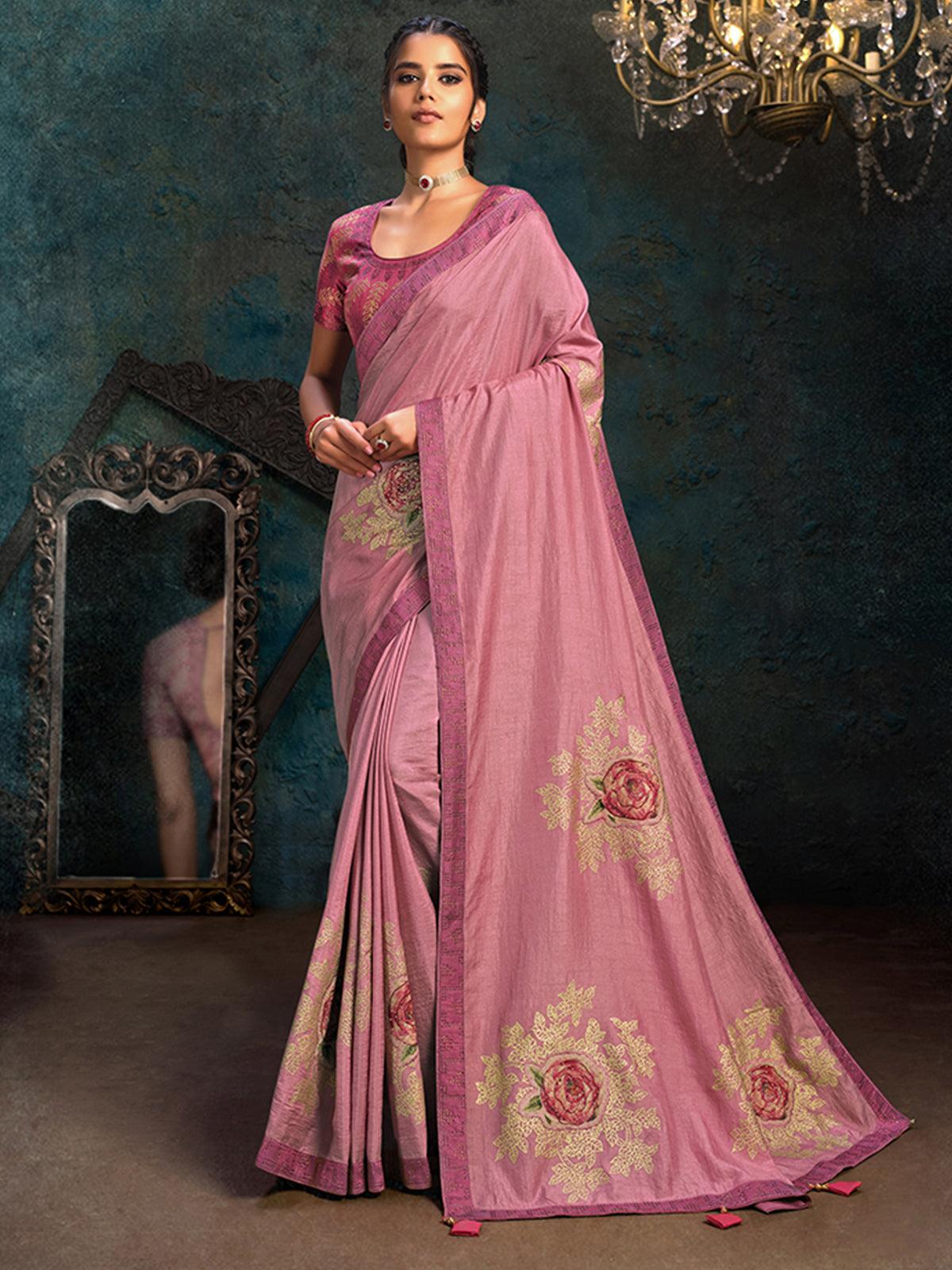 Women's Pink Silk Designer Saree With Blouse - Odette