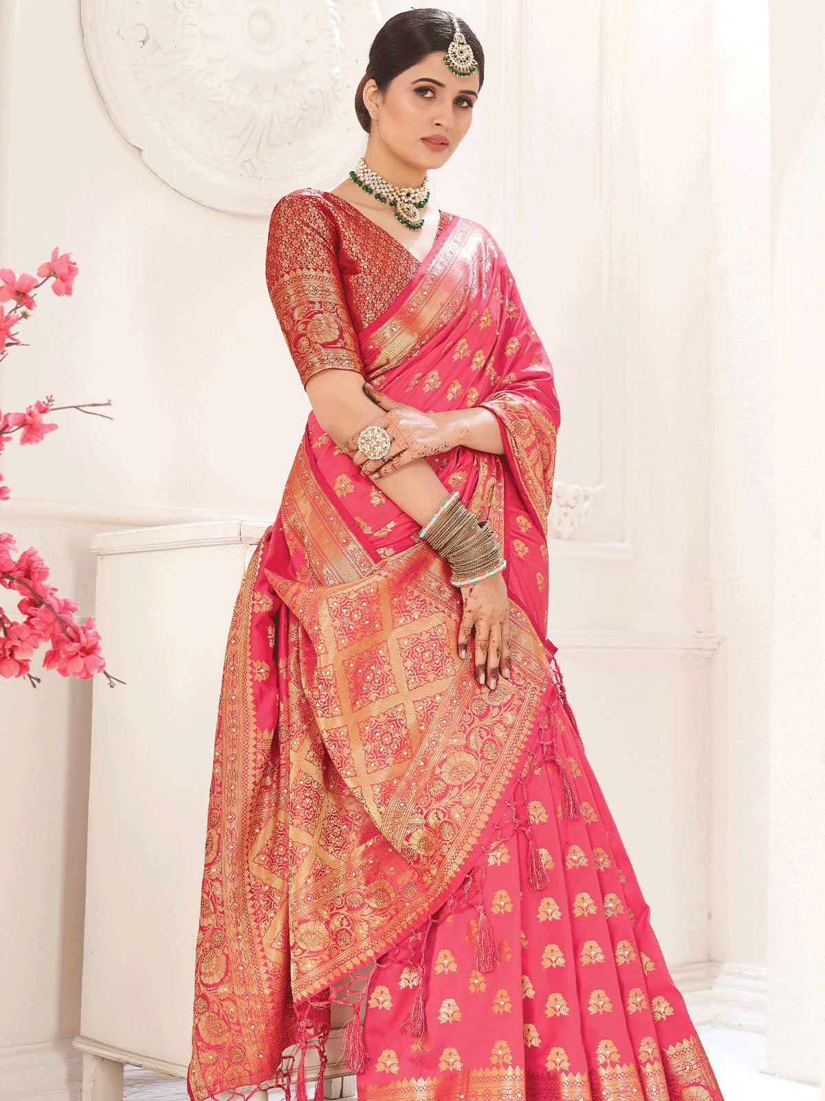 Women's Pink Silk Designer Swarovski Saree - Odette