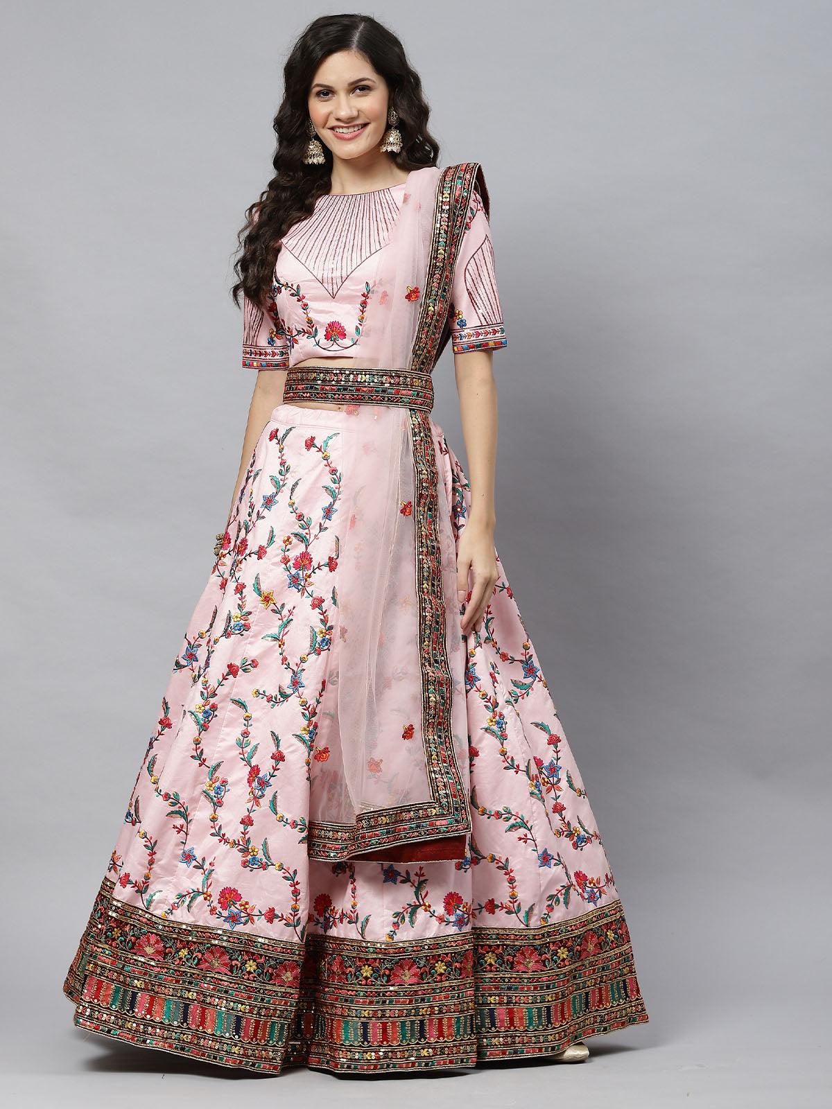 Women's Pink Silk Embroidered Lehenga Choli Set - Odette