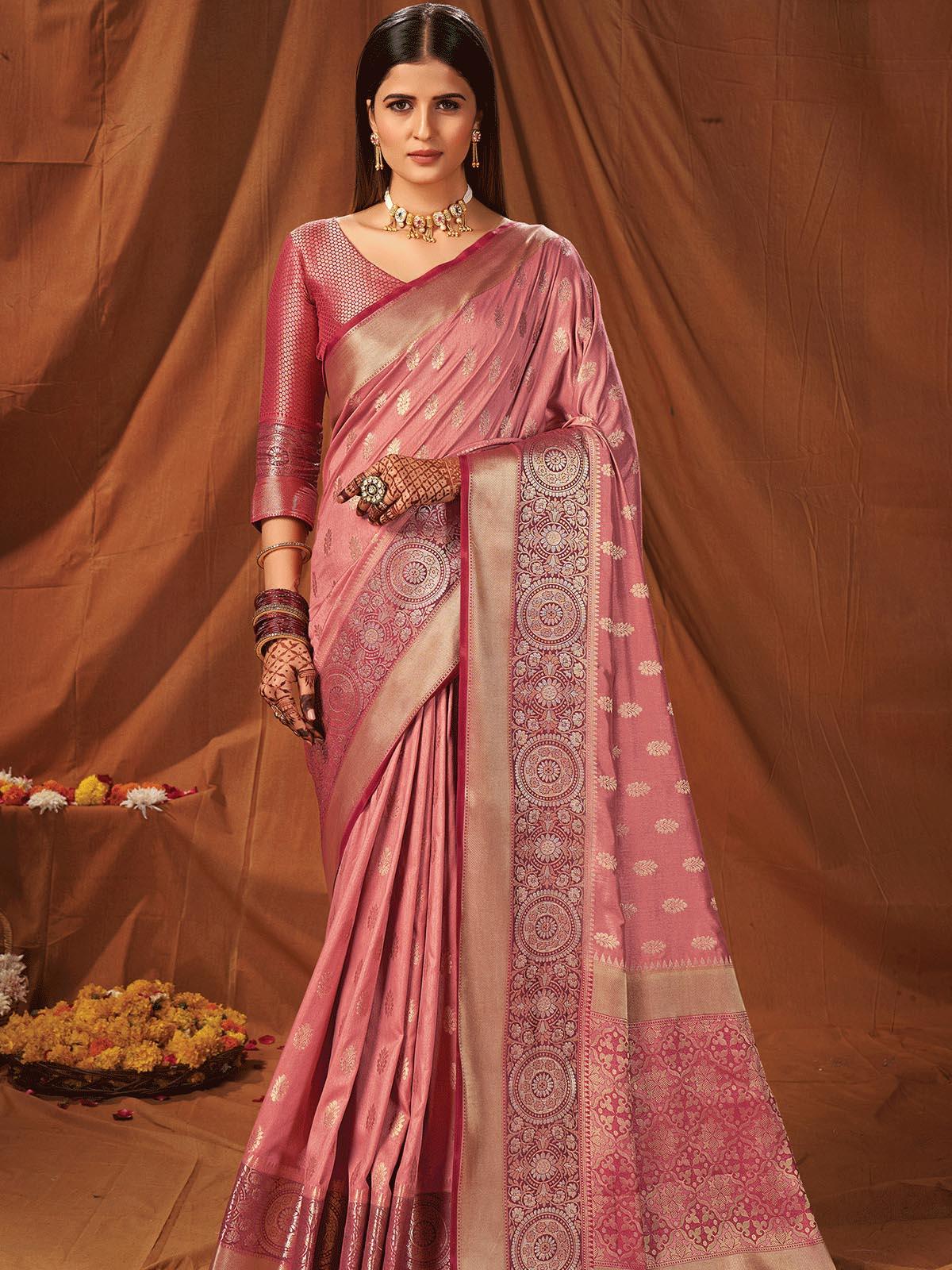 Women's Pink Silk Heavy Jari Wevon Designer Saree - Odette