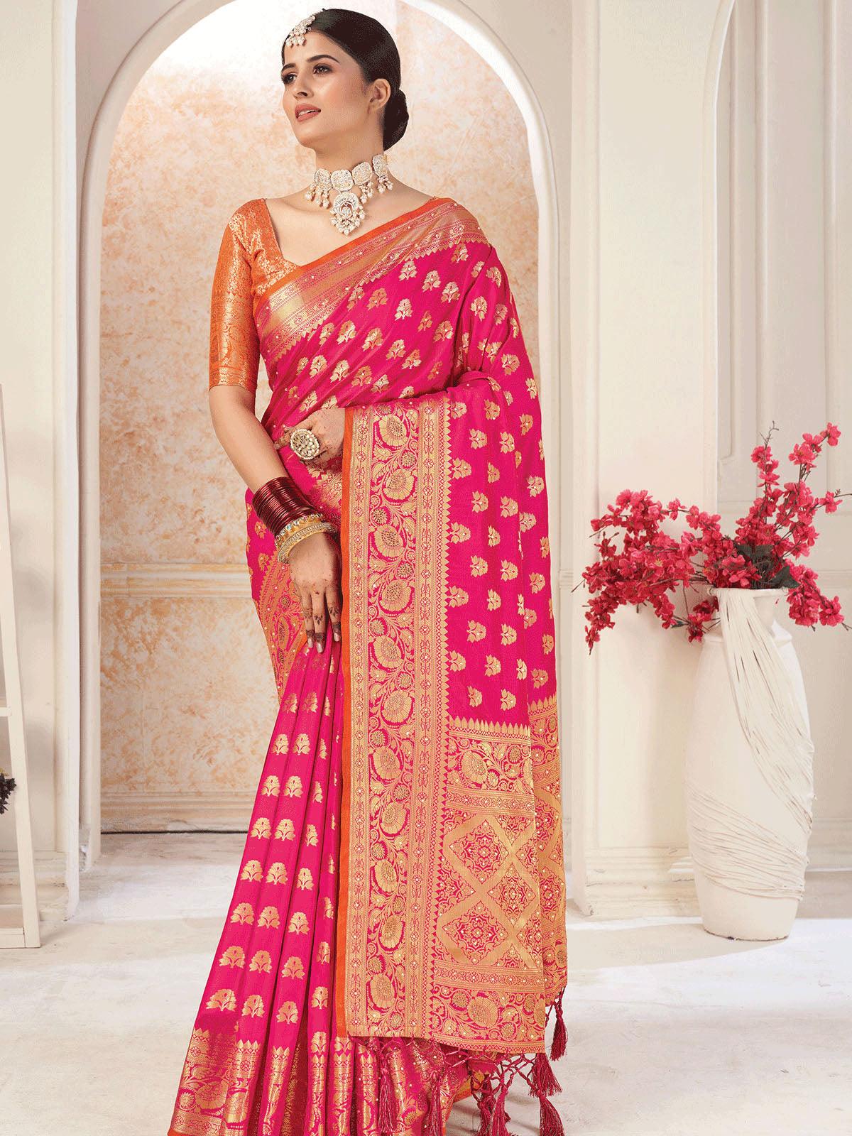 Women's Pink Silk Weave Designer Saree - Odette