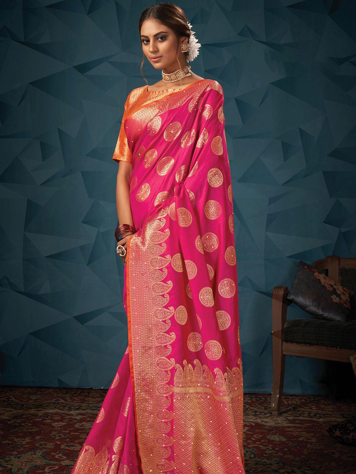 Women's Pink Silk Weave Designer Saree - Odette