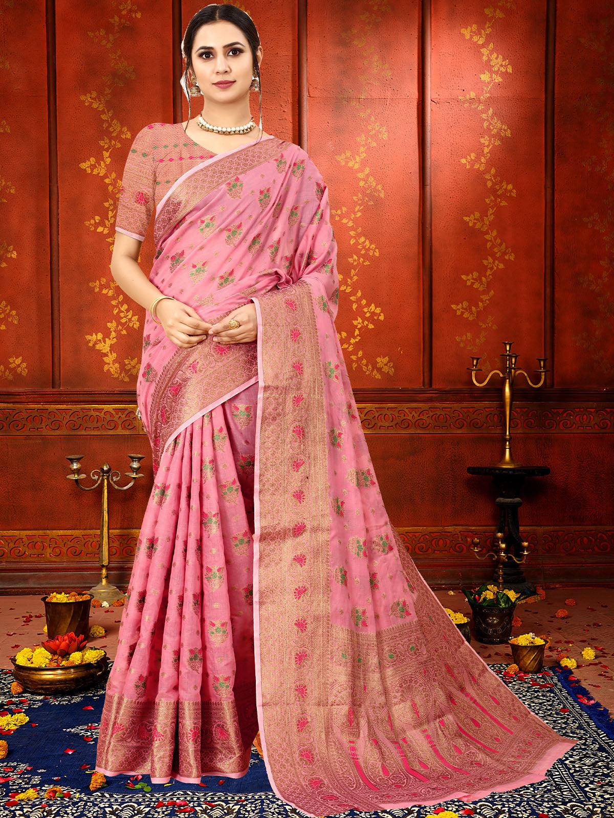 Women's Pink Soft Cotton Silk Heavy Copper Jari Meenakari Weave Designer Saree - Odette