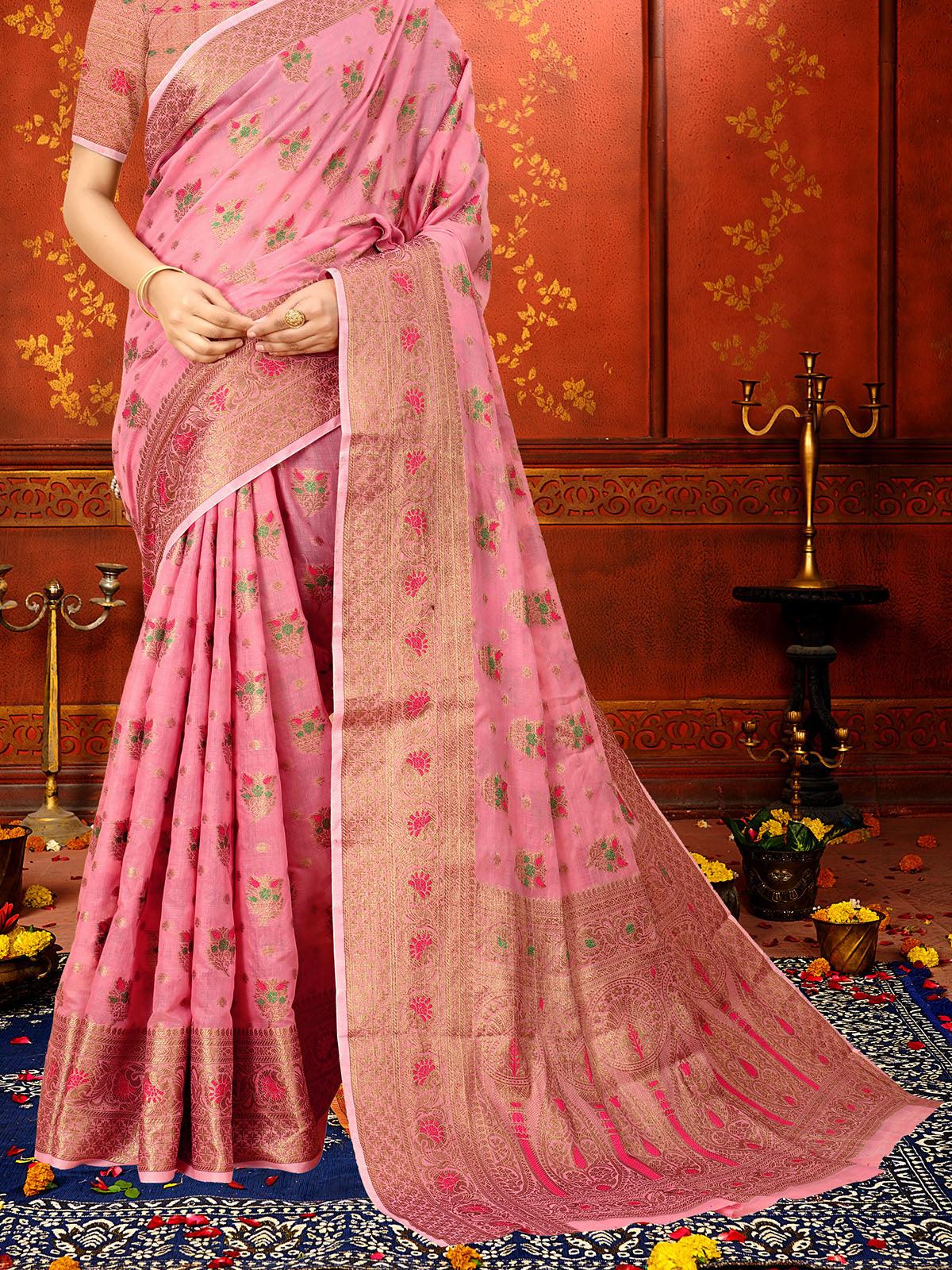 Women's Pink Soft Cotton Silk Heavy Copper Jari Meenakari Weave Designer Saree - Odette