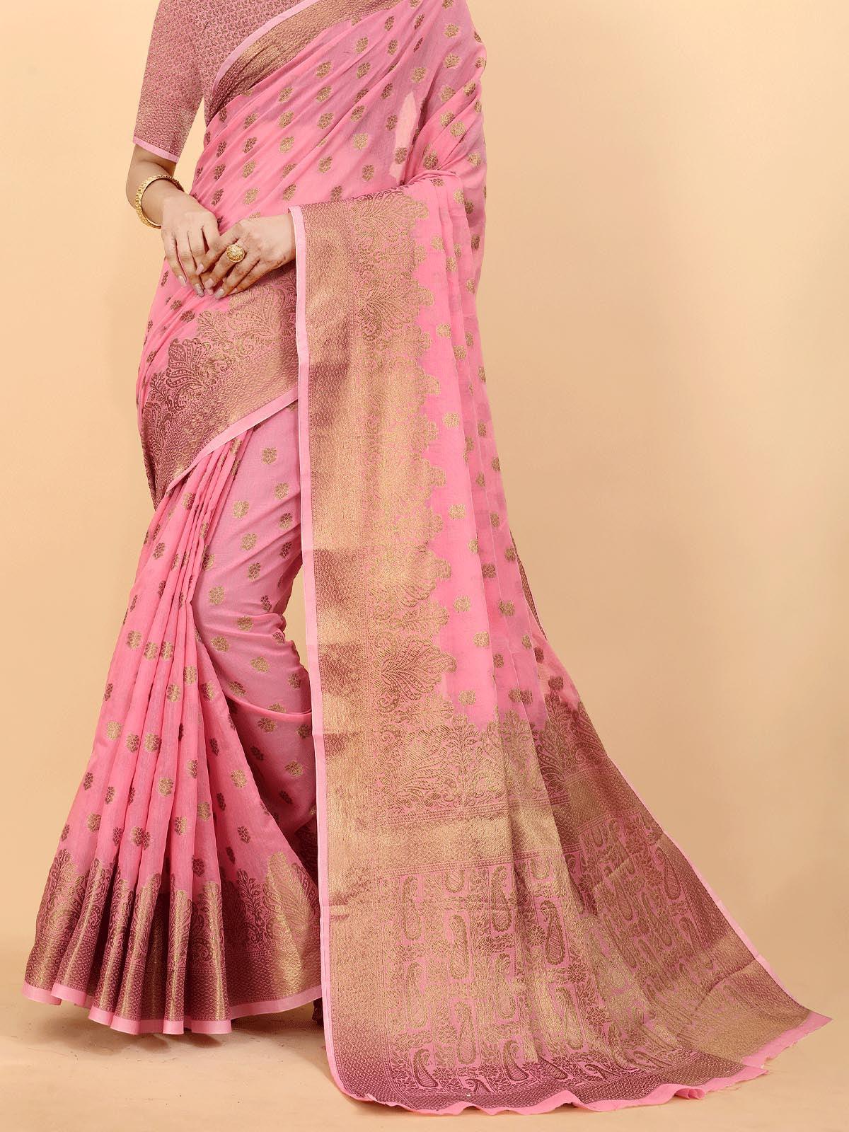 Women's Pink Soft Cotton Slub Heavy Jari Wevon Designer Saree - Odette