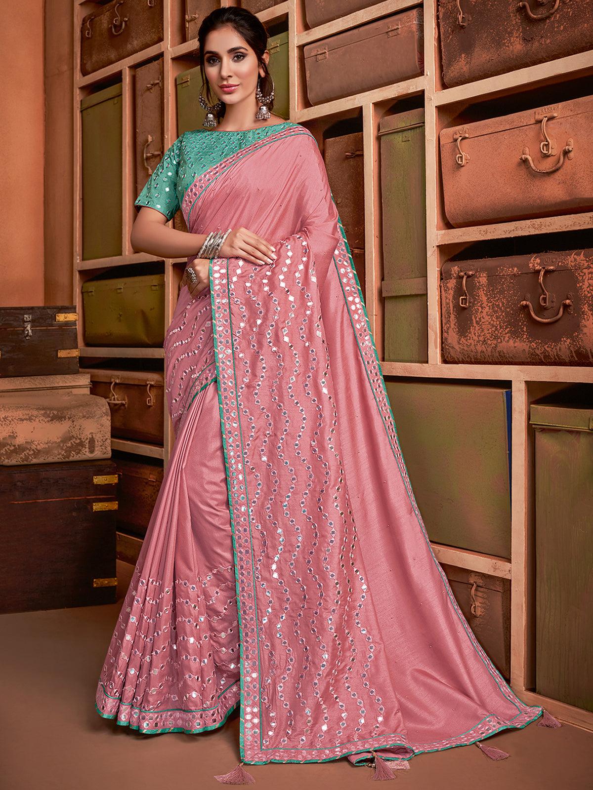 Women's Pink Tussar Silk Designer Saree With Blouse - Odette