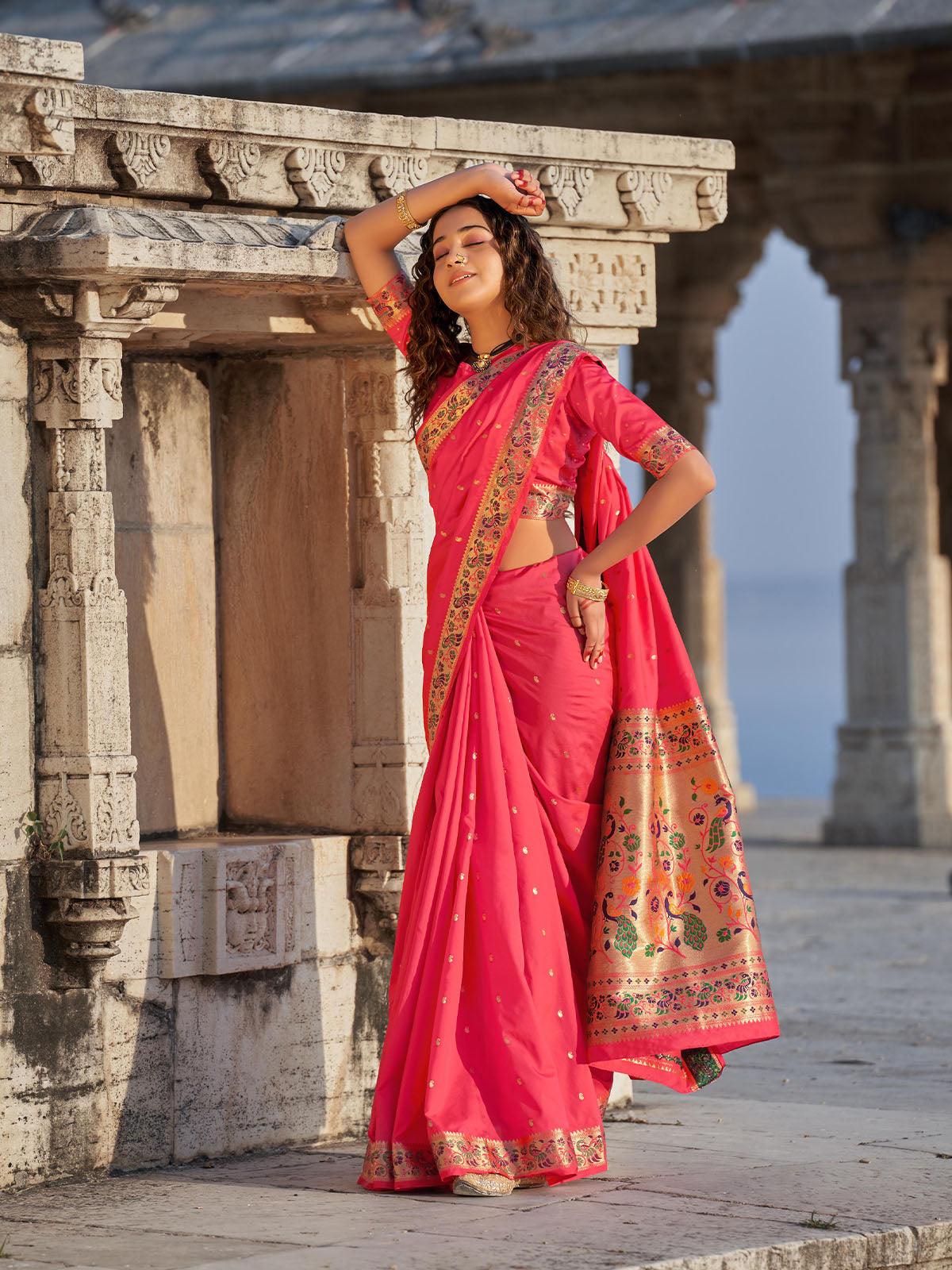 Women's Pink Unique Banarasi Silk Paithani Saree - Odette