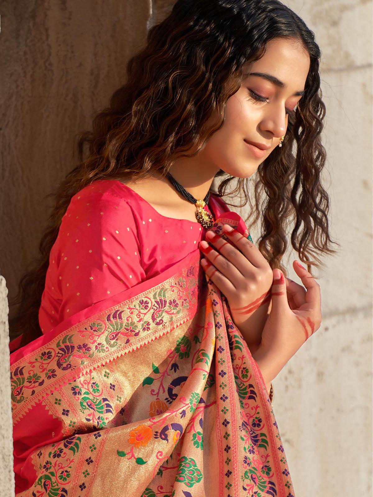 Women's Pink Unique Banarasi Silk Paithani Saree - Odette