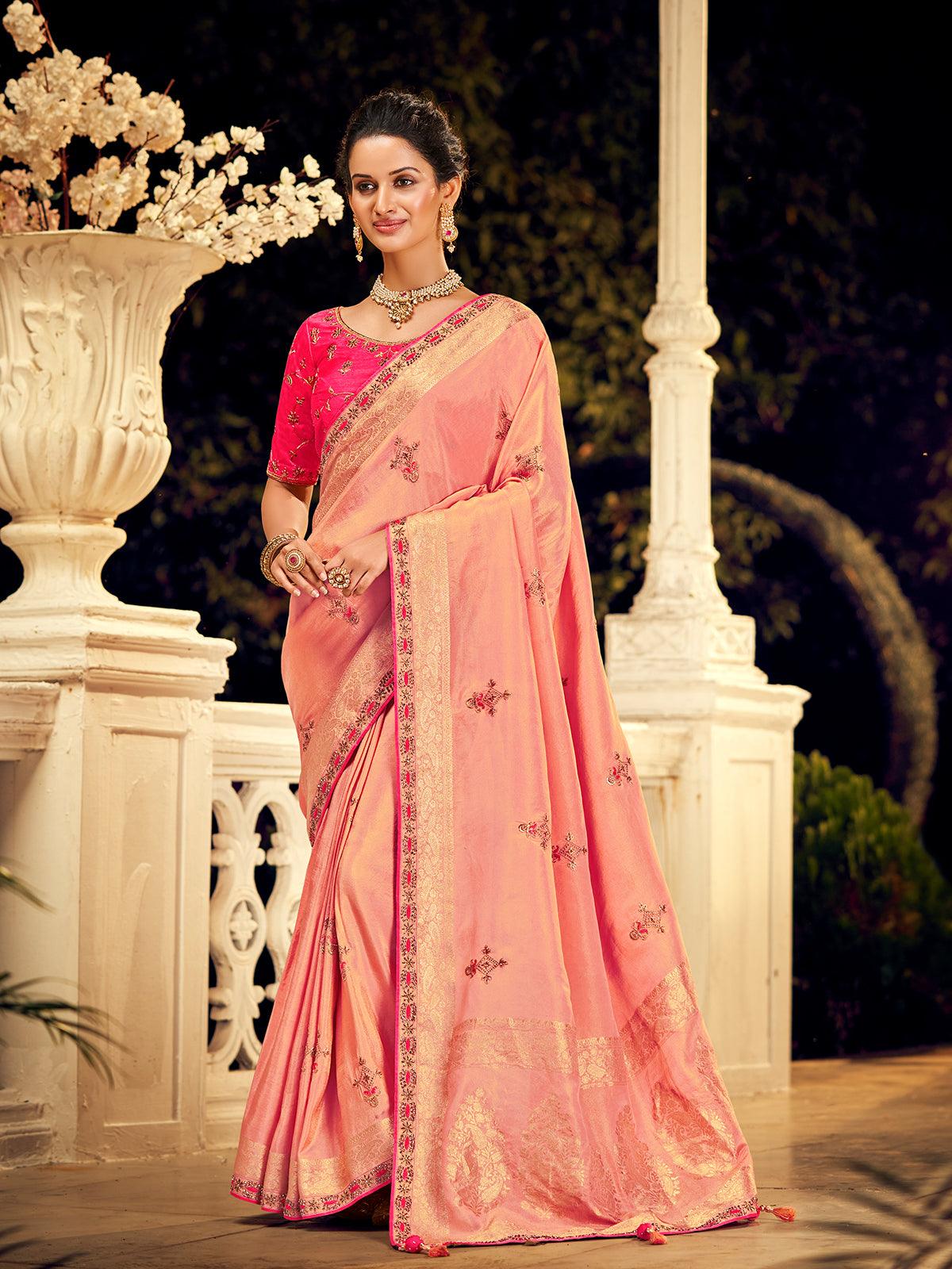 Women's Pink Viscose Abstract Designer Saree With Blouse - Odette